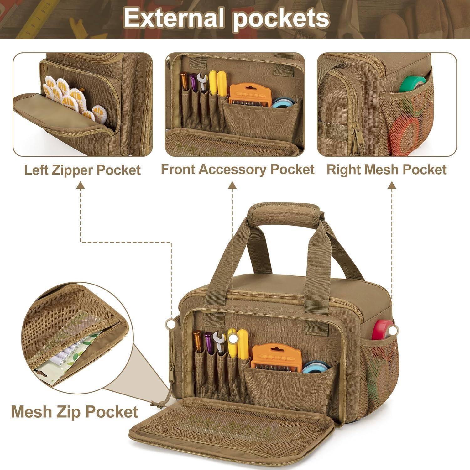 Tasche mit mehreren Taschen: 'Linke Reißverschlusstasche' mit Flaschen, 'Vordere Zubehörtasche' mit Werkzeugen, 'Rechte Netztasche' mit einem Spielzeug und 'Netz-Reißverschlusstasche' zur Aufbewahrung.
