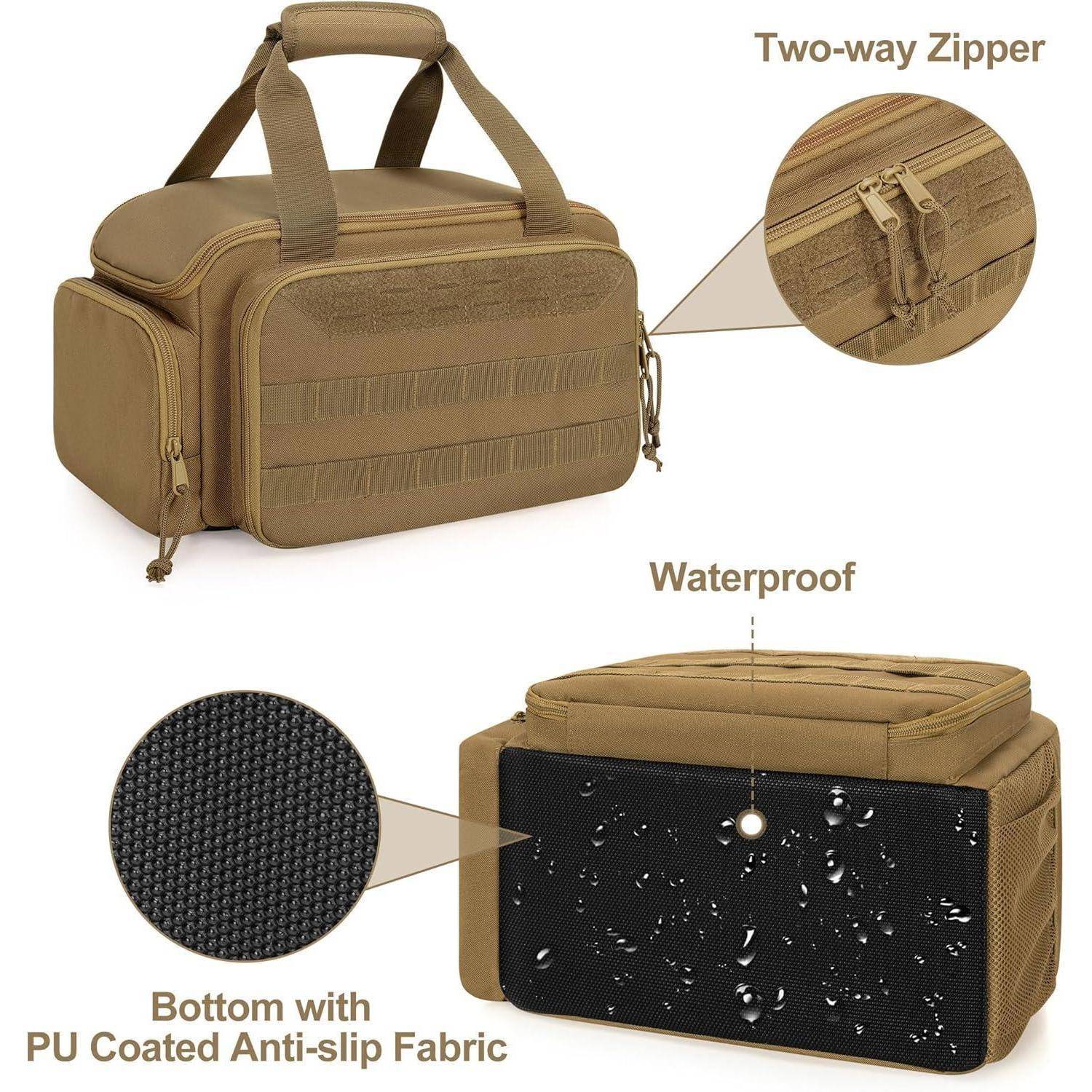 Beige Werkzeugtasche mit Zweiwege-Reißverschluss und wasserdichter, rutschfester Bodenbeschichtung. Seitliche Fächer für zusätzlichen Stauraum.