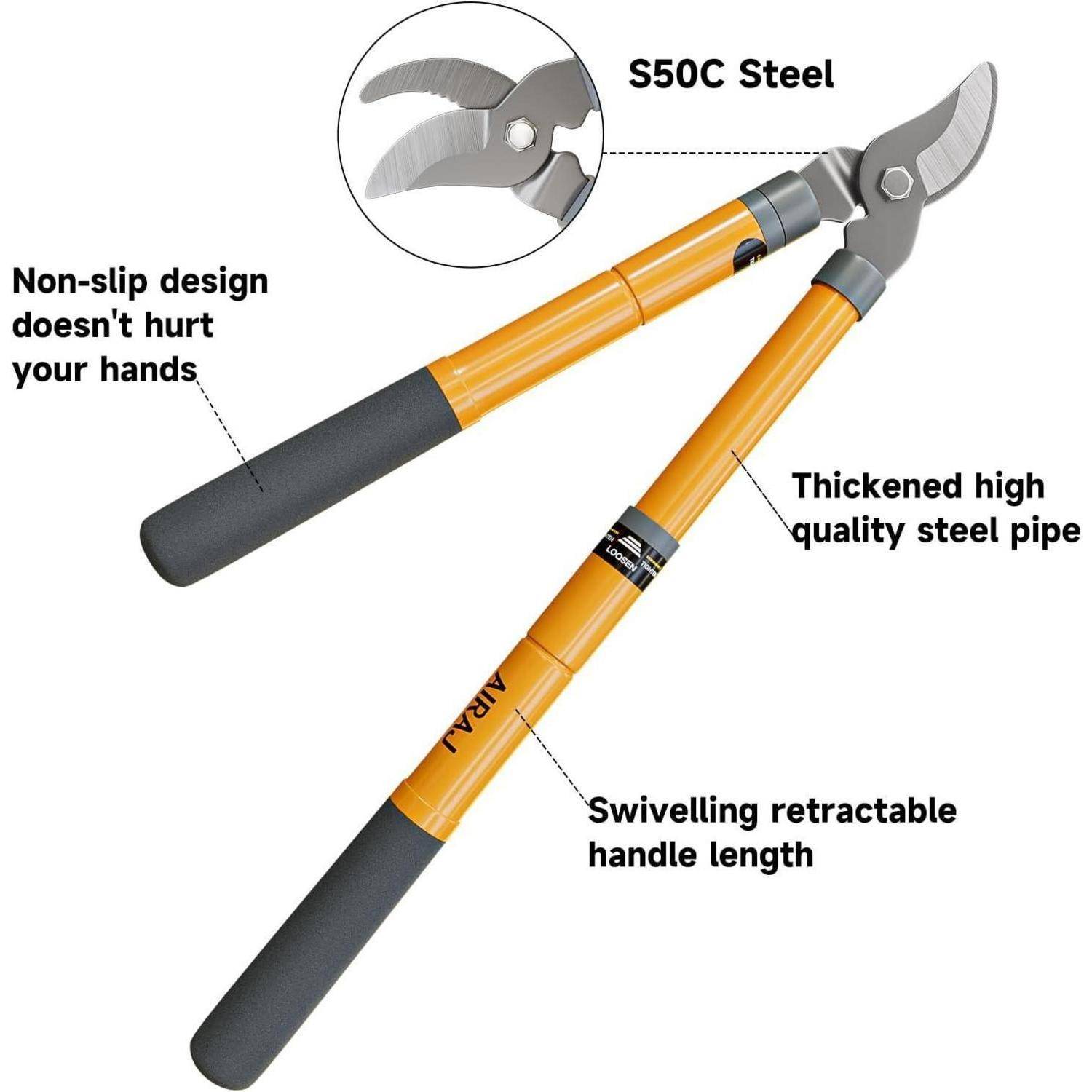 Astschere mit rutschfester Konstruktion, S50C-Stahlklingen, verstärktem Rohr aus hochwertigem Stahl und schwenkbarem, ausziehbarem Handgriff.