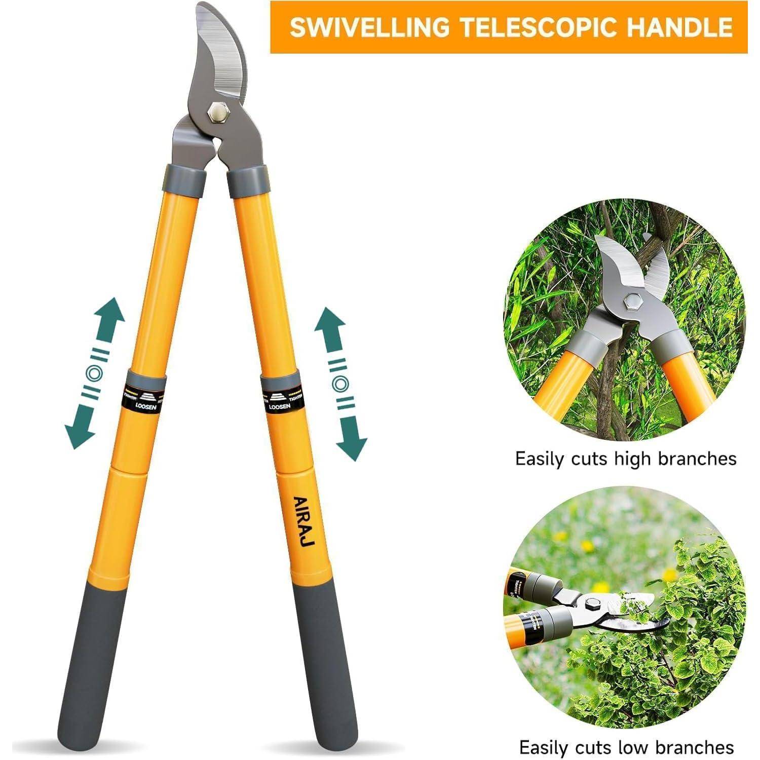 Gartenschere mit schwenkbarem Teleskopgriff zum Schneiden von hohen und niedrigen Ästen. Bild zeigt Schere beim Schneiden von Ästen in verschiedenen Höhen.