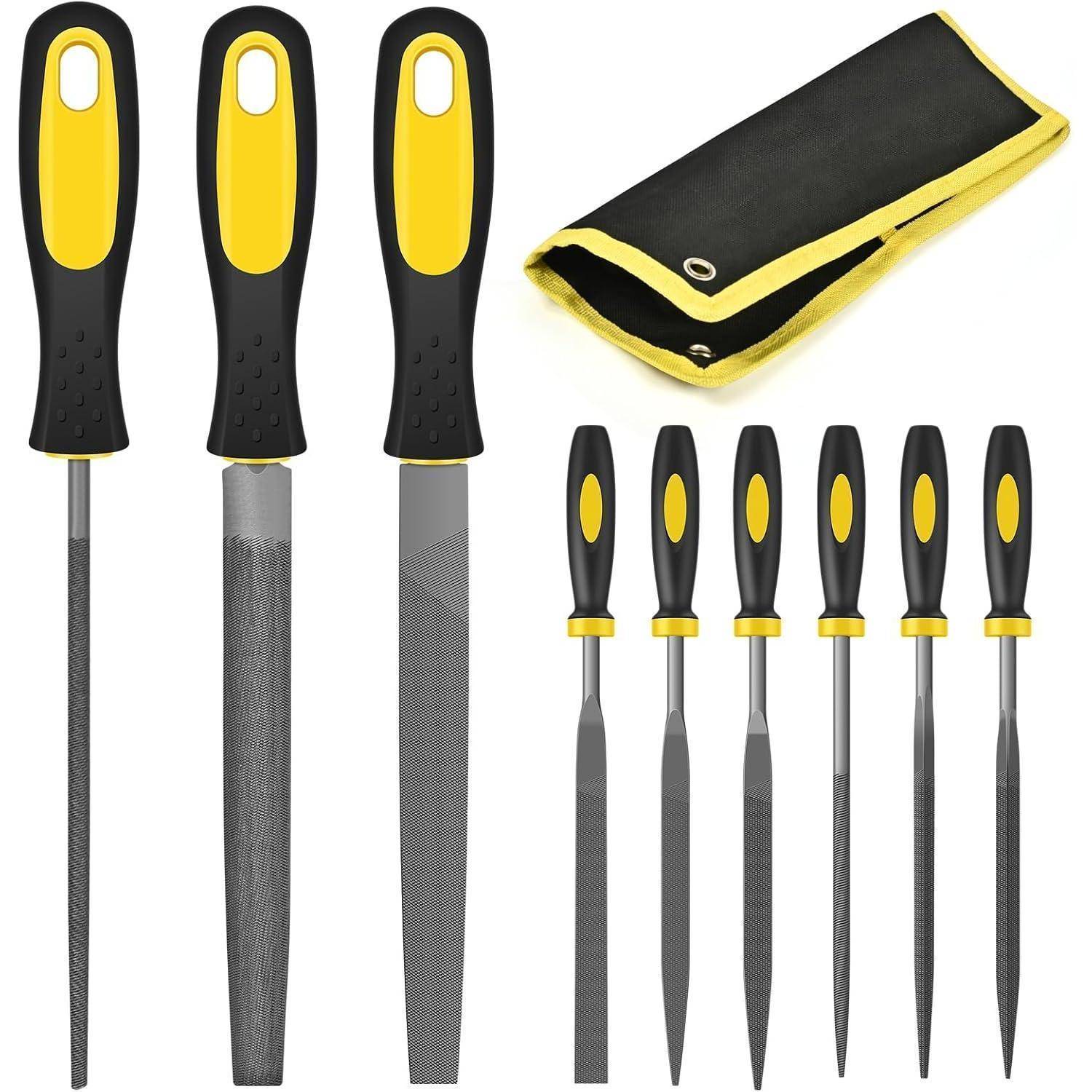 Ein Satz von acht Metallfeilen mit gelben und schwarzen Griffen, zusammen mit einer schwarzen und gelben Werkzeugtasche zur Aufbewahrung.