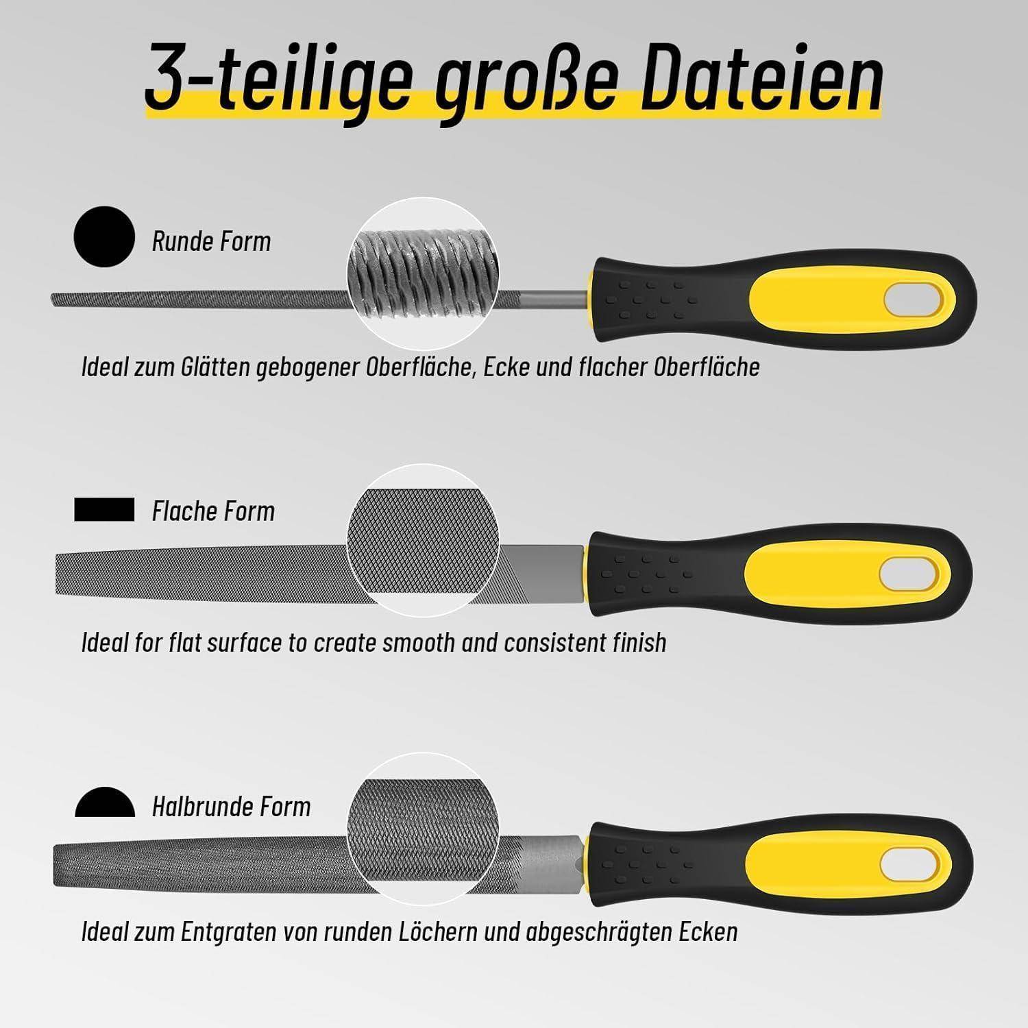 Ein Bild, das drei Typen von Handfeilenzeigt: ‚Runde Form' zum Glätten von gekrümmten Oberflächen, ‚Flache Form' für ebene Oberflächen, ‚Halbrunde Form' für abgerundete Löcher. Text sowohl auf Deutsch als auch auf Englisch.