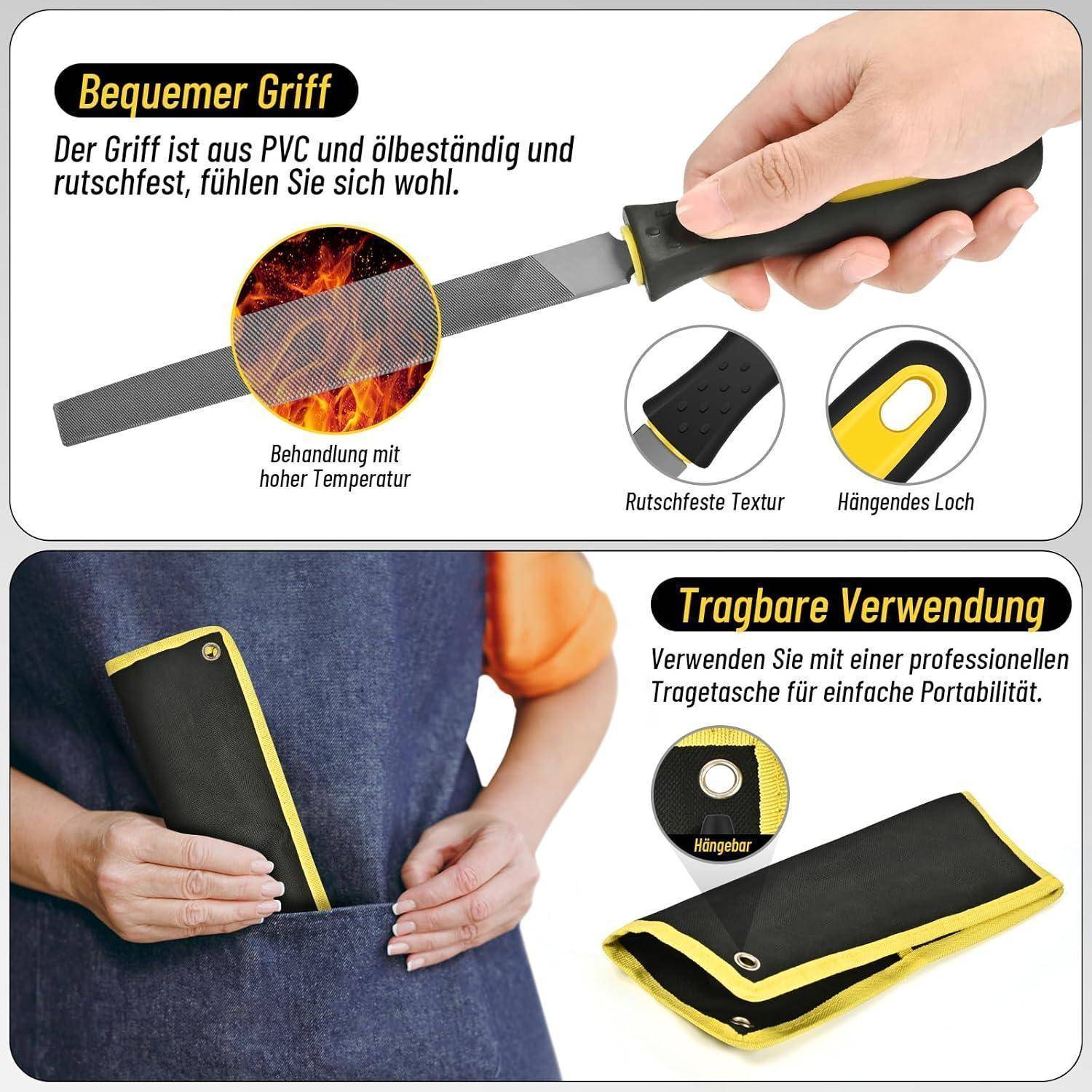 Bild zeigt eine Hand, die ein Werkzeug mit ergonomischem Griff hält. Merkmale hervorgehoben: robustes PVC mit strukturierter, rutschfester Oberfläche, Aufhängeloch und Wärmebehandlung. Darunter ist eine Tasche mit Trageschlaufe an einem Gürtel für einfache Transportmöglichkeit befestigt.