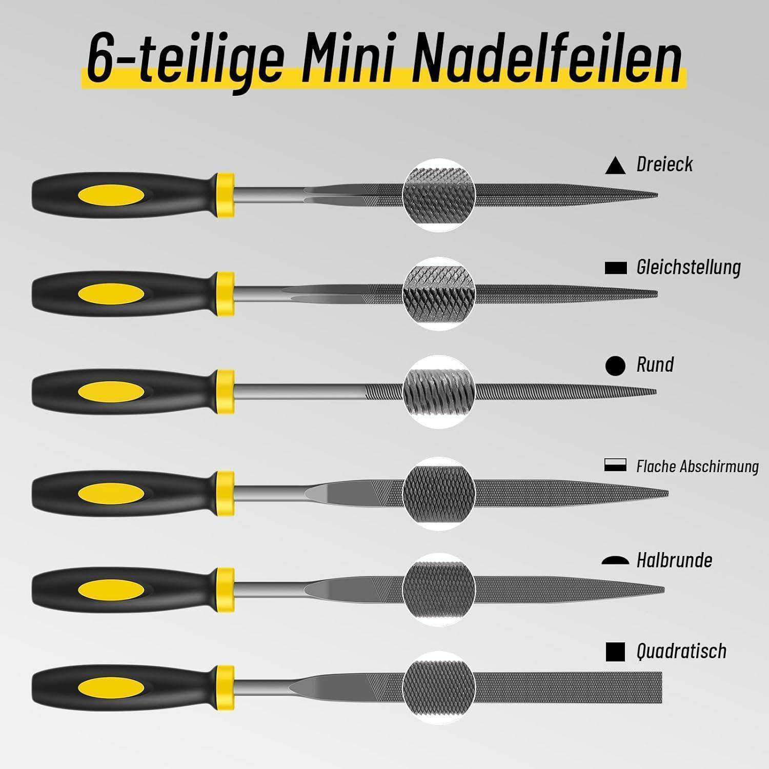 Bild zeigt sechs Nadelfeilchen mit Griffen. Typen von oben nach unten: Dreieckfeile, Schlichtfeile, Rundfeile, flache stumpfe Feile, halbrunde Feile, Quadratfeile.