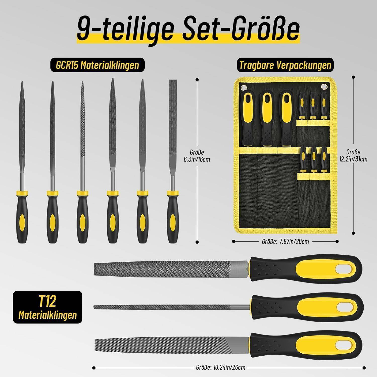 Ein 9-teiliges Feilen-Set mit T12- und GCR15-Materialklingen. Umfasst verschiedene Formen und Größen. In einem kompakten Transportkoffer verpackt.