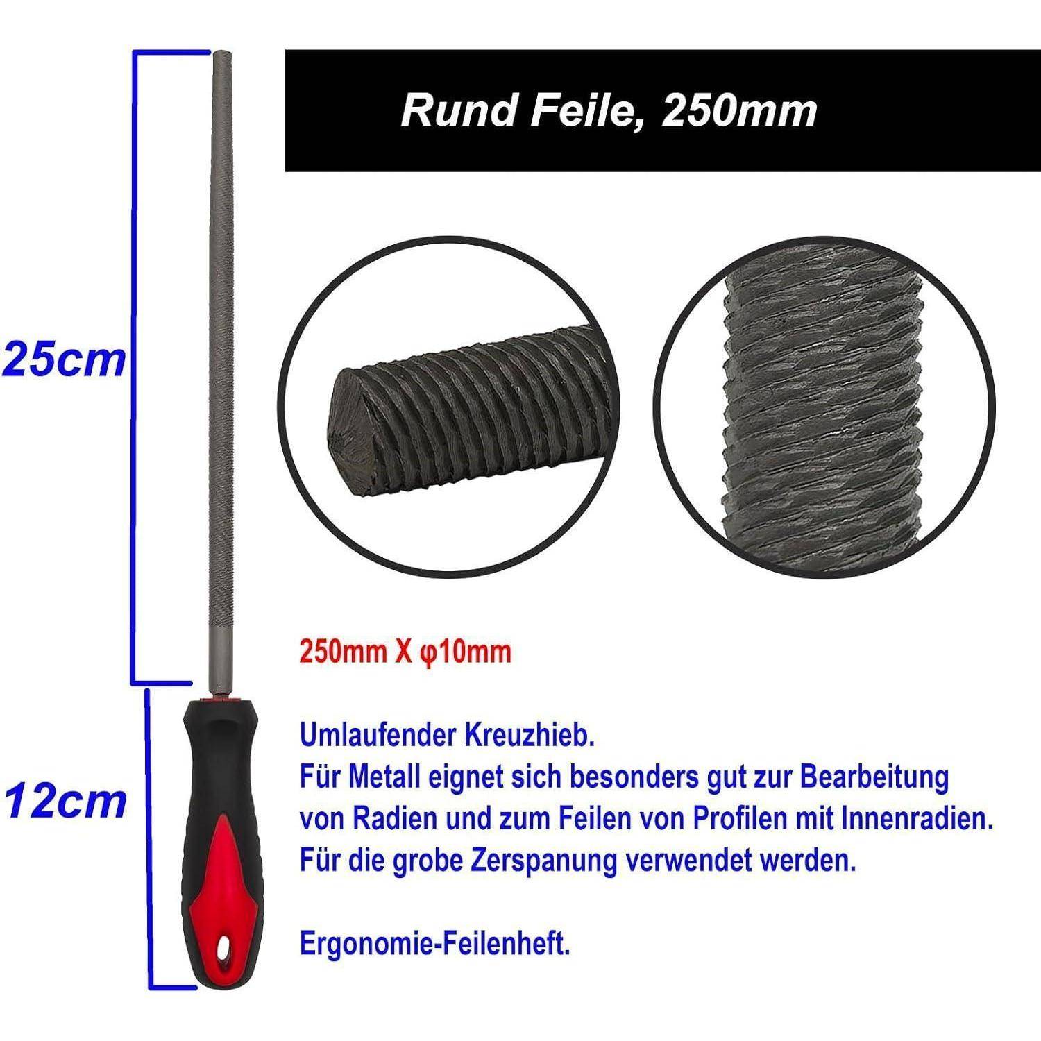 Feilenset 3tlg 250 mm T12 Stahl Flach Halbrund Rund für Metall Holz