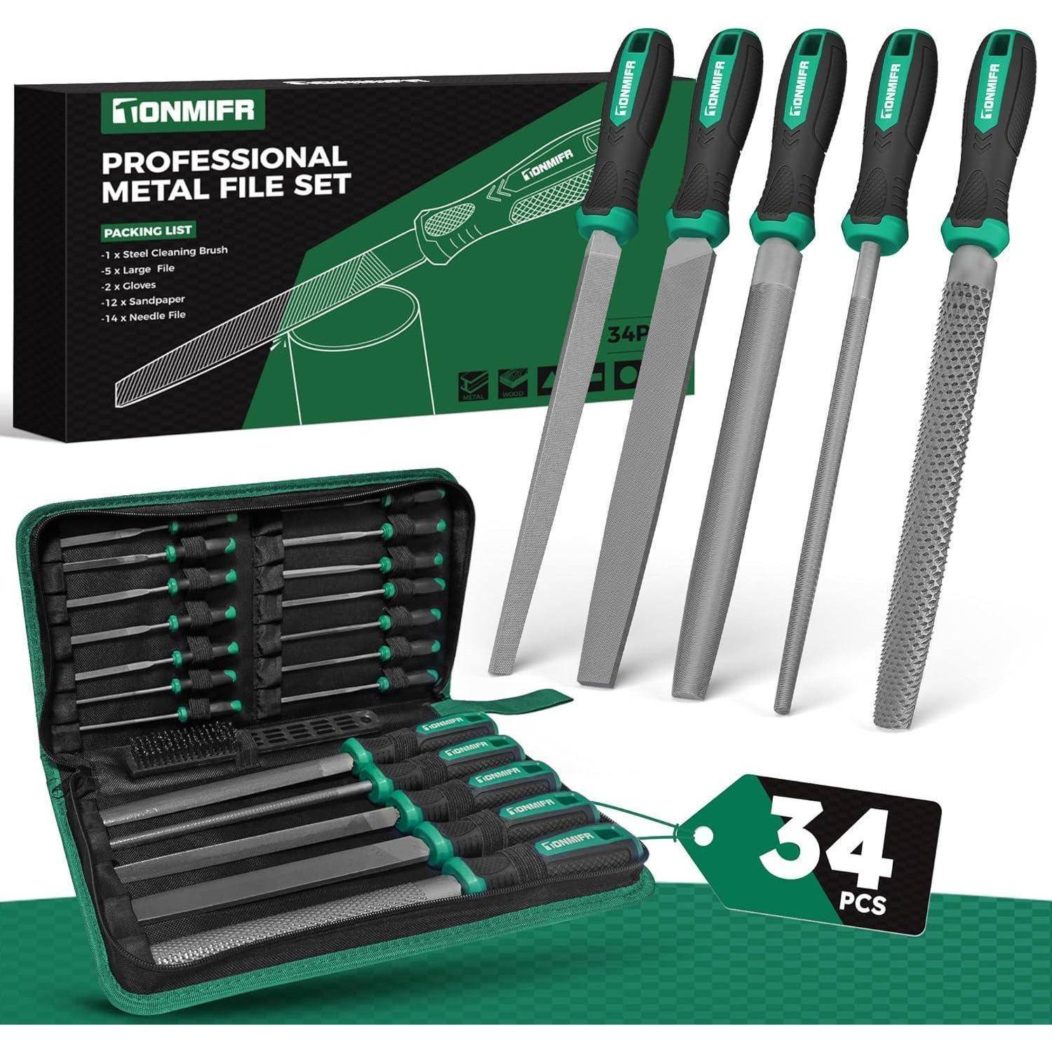 Professionelles Metallfeilen-Set mit 34 Stücken, bestehend aus fünf verschiedenen Feiletypen und einer Reinigungsbürste, in einem Etui verpackt.