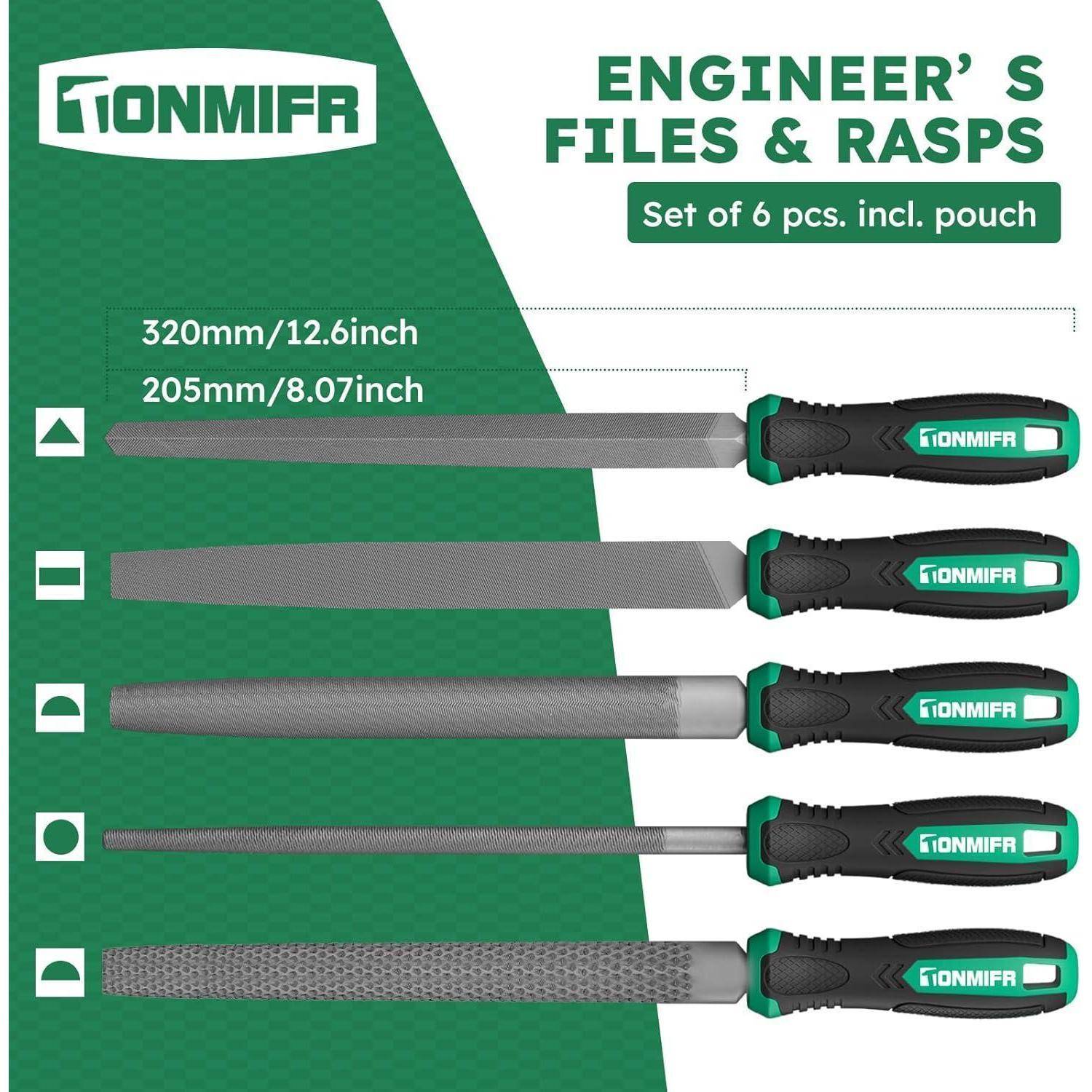 Satz von 6 Ingenieurfeilen und Raspeln mit Beutel, inklusive Griffdesign. Größen: 320mm/12,6in und 205mm/8,07in.