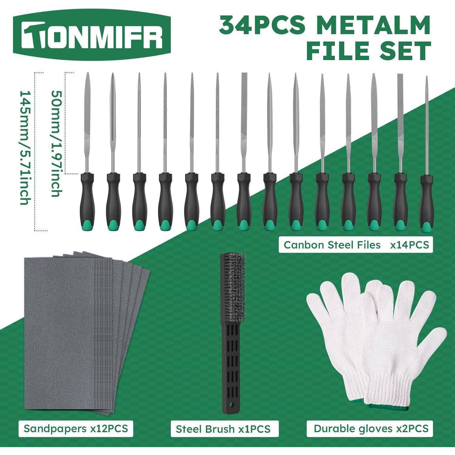 34-teiliges Metallfeilen-Set, das 14 Feilen aus Kohlenstoffstahl, 12 Schleifpapiere, eine Stahlbürste und 2 strapazierfähige Handschuhe vor einem grünen Hintergrund zeigt.