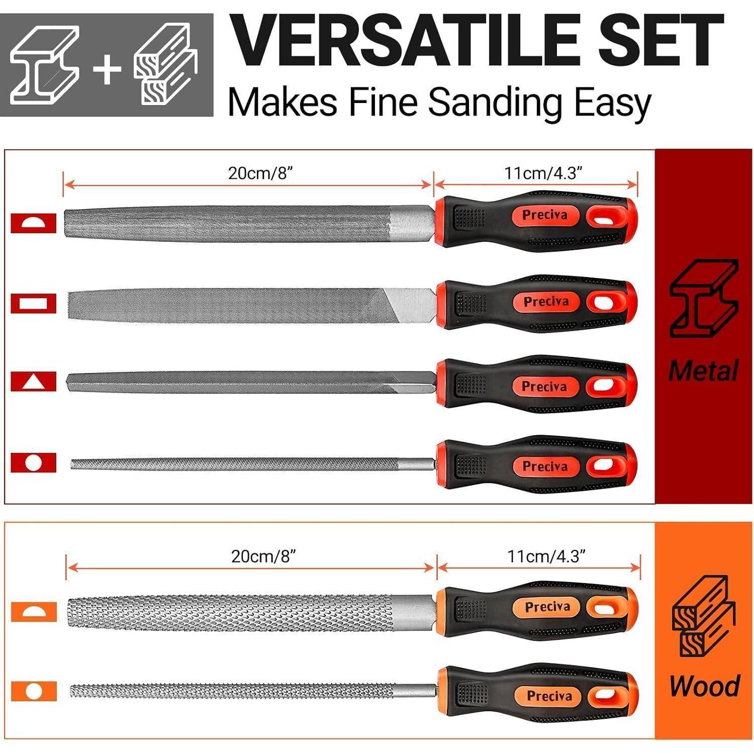 Vielseitiger Satz erleichtert das feine Schleifen mit drei Metallfeilen und zwei Holzfeilen mit Griffen, gekennzeichnet für Metall- und Holzbearbeitung.