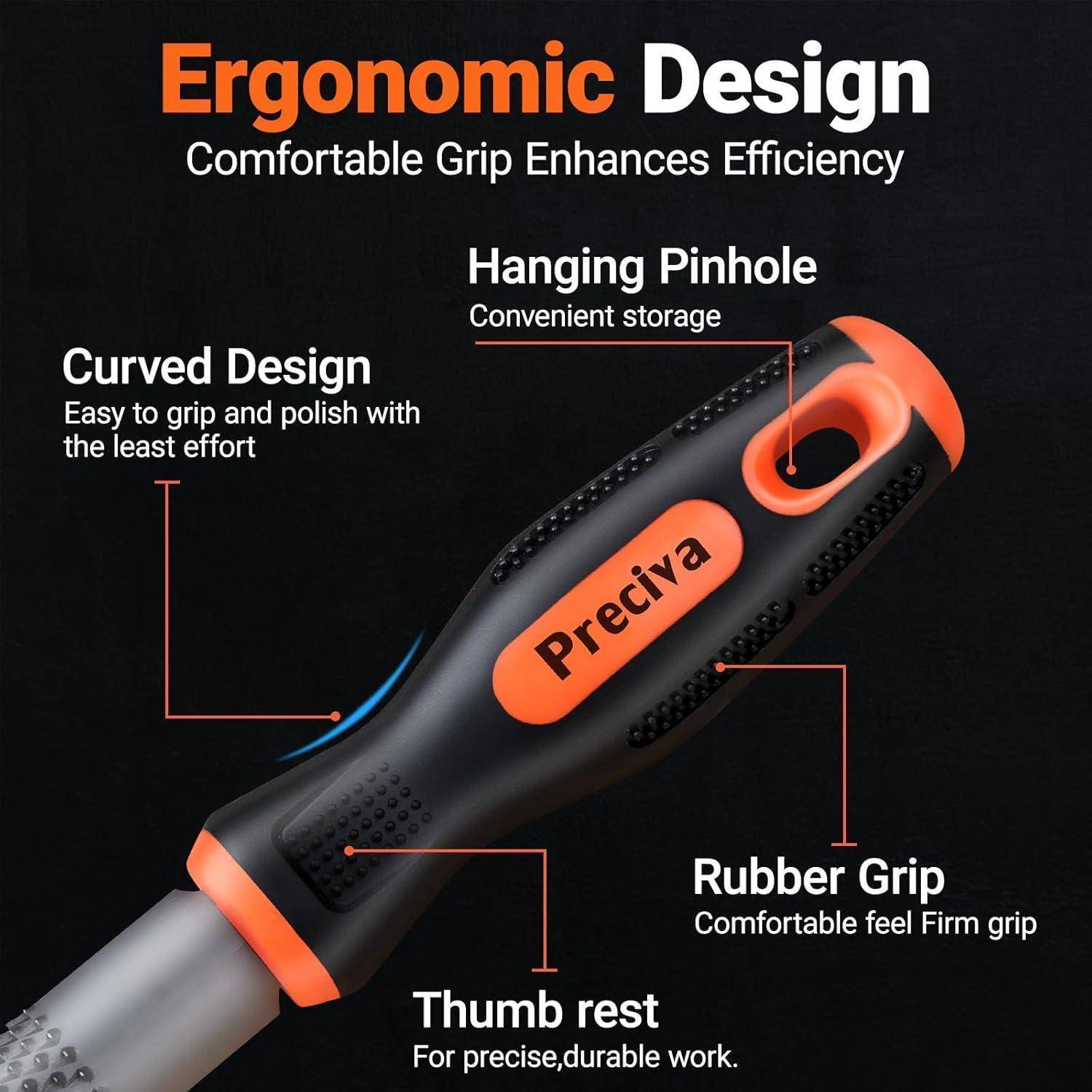 Schraubendreher-Griff mit beschrifteten Merkmalen: 'Ergonomisches Design', 'Gebogene Form', 'Gummigriff', 'Aufhängeloch', 'Daumenstütze'.