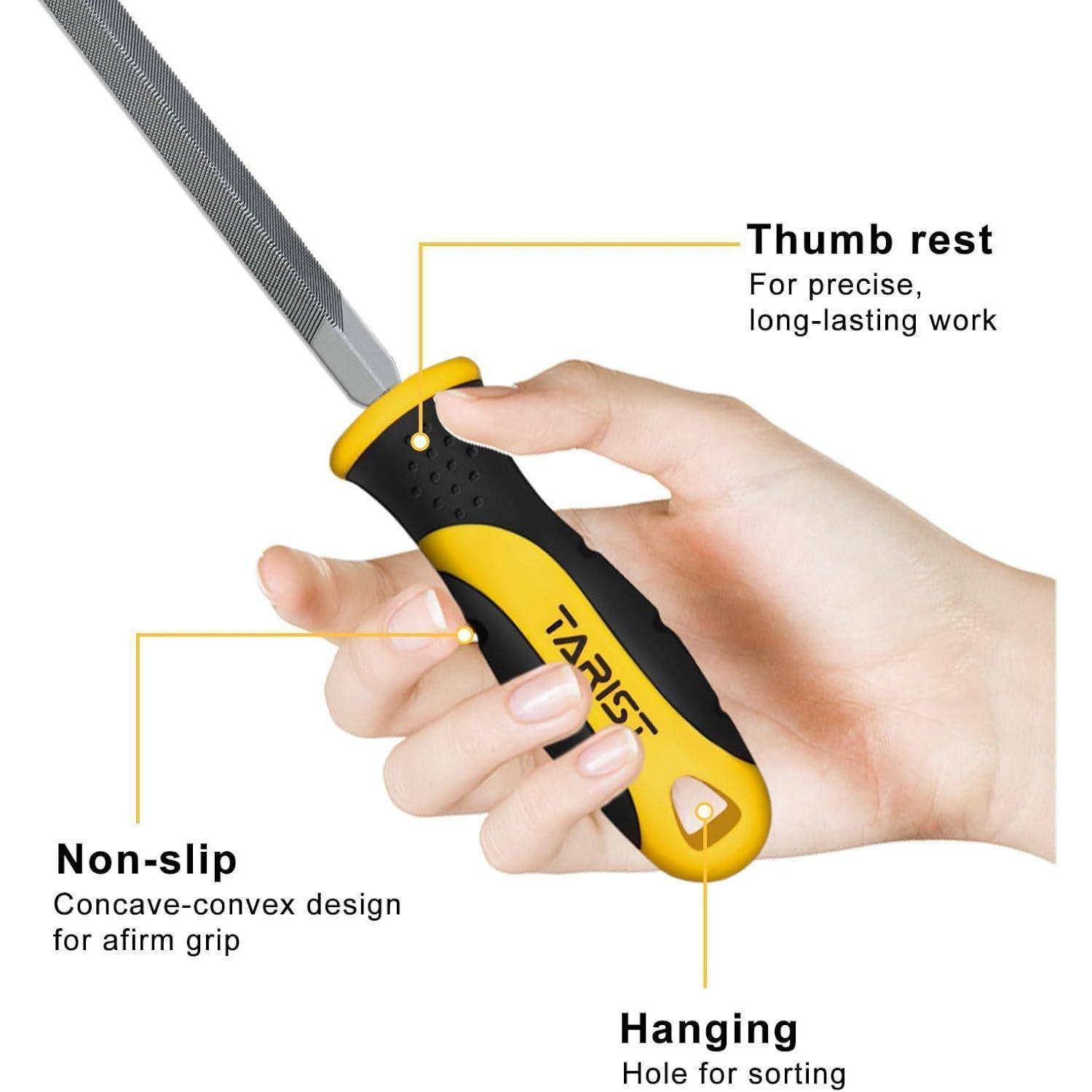 Metallfeile mit ergonomischem Griff, die folgende Merkmale zeigt: Daumenauflage für Präzision, konvexes rutschfestes Design für besseren Halt und Aufhängeloch.