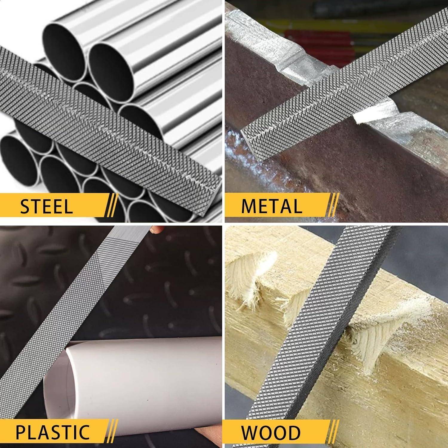 Vier Bilder, die Anwendungen von Metallfeilen zeigen: Stahl feilen, Metallstab, Kunststoffrohr und Holzblock, jeweils entsprechend beschriftet.