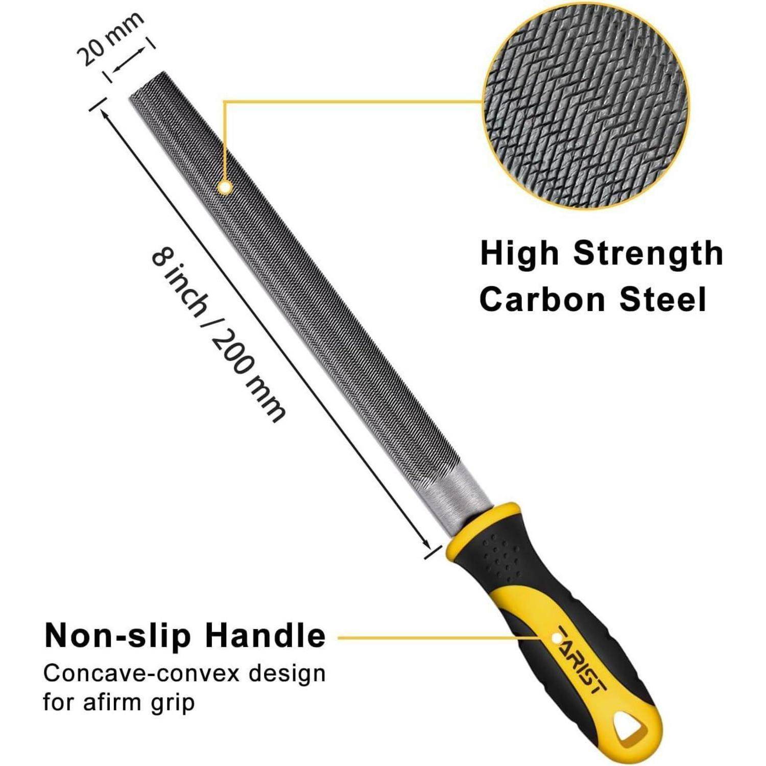 8-Zoll-Stahlfeile aus Kohlenstoffstahl mit rutschfestem Griff für sicheren Halt, mit Abmessungen: 200 mm Länge, 20 mm Breite. Material von hoher Festigkeit.