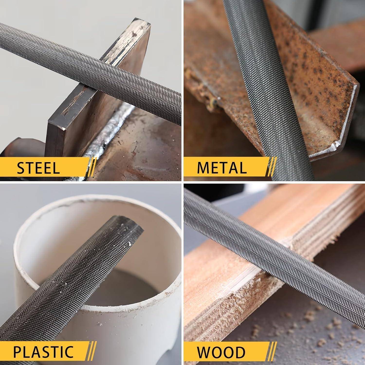 Eine Feile wird bei vier Materialien eingesetzt: Stahl, Metall, Kunststoff und Holz, wodurch ihre Vielseitigkeit für unterschiedliche Oberflächen demonstriert wird.