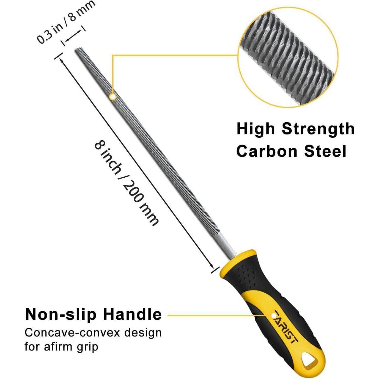 Eine Metallfeile mit einem rutschfesten Griff. Sie ist 8 Zoll (200 mm) lang und 0,3 Zoll (8 mm) breit, hergestellt aus hochfestem Kohlenstoffstahl.