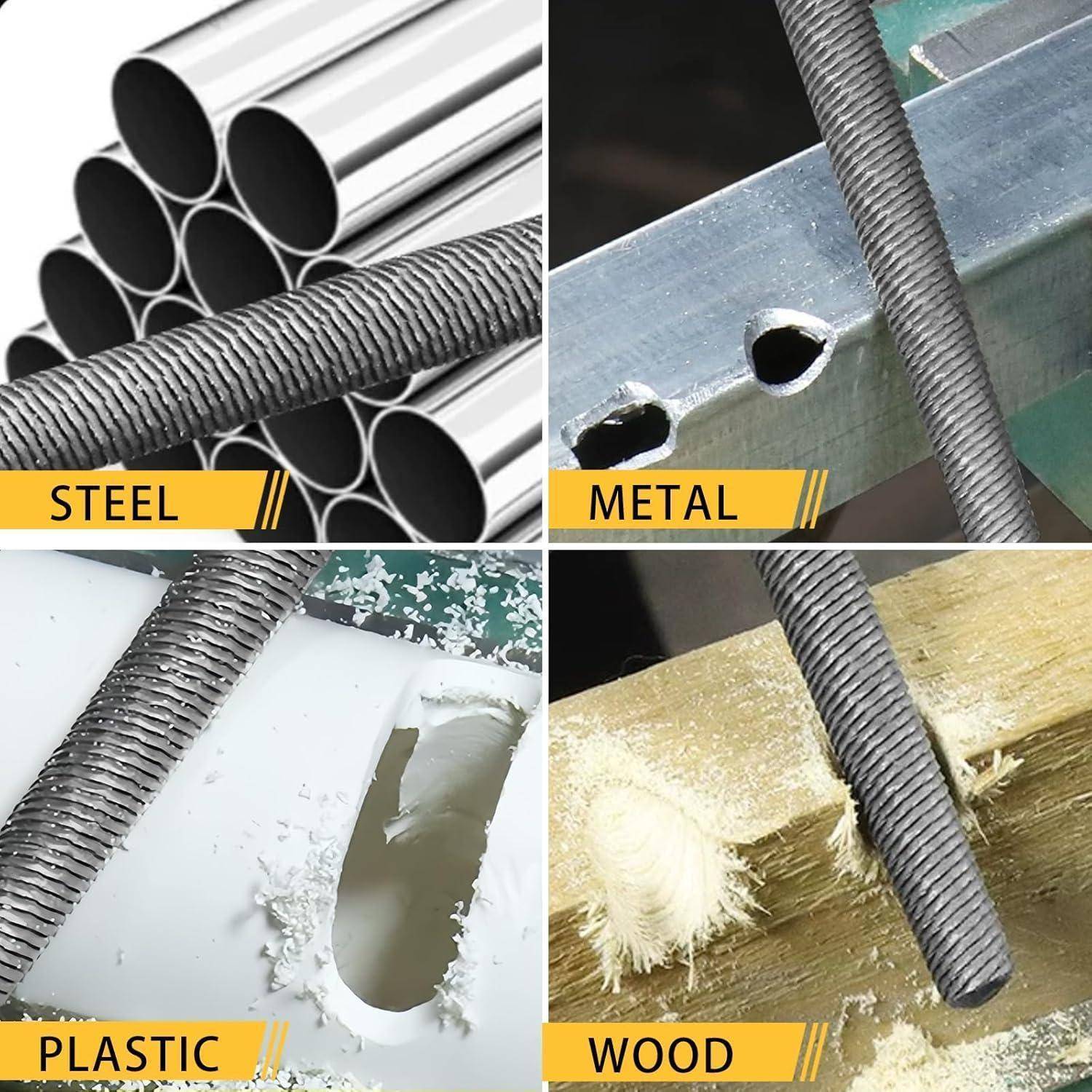 Vier Bilder, die Schneideanwendungen zeigen: oben links 'Stahl'-Rohre werden geschnitten, oben rechts 'Metall'-Oberfläche wird geschnitten, unten links 'Kunststoff'-Rohr wird geschnitten, unten rechts 'Holz' wird gebohrt.