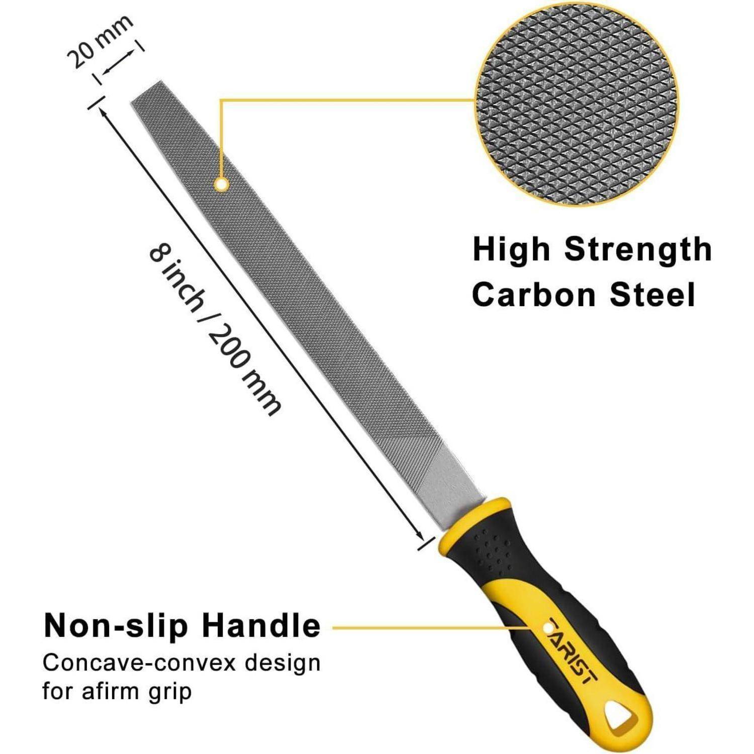 Handsägefeile mit Abmessungen: 8 Zoll/200 mm Länge, 20 mm Breite. Hergestellt aus hochfestem Kohlenstoffstahl mit einem rutschfesten Griff für sicheren Halt.
