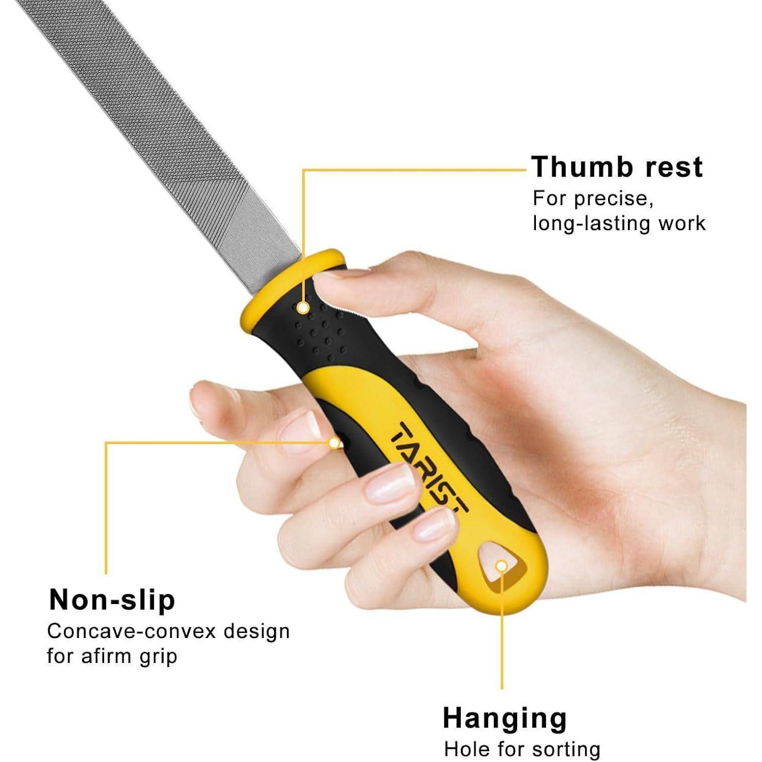 Eine Hand hält ein Werkzeug mit Daumenauflage, rutschfestem Griff und Aufhängeloch. Der Text betont Merkmale für Präzision und einfache Handhabung.