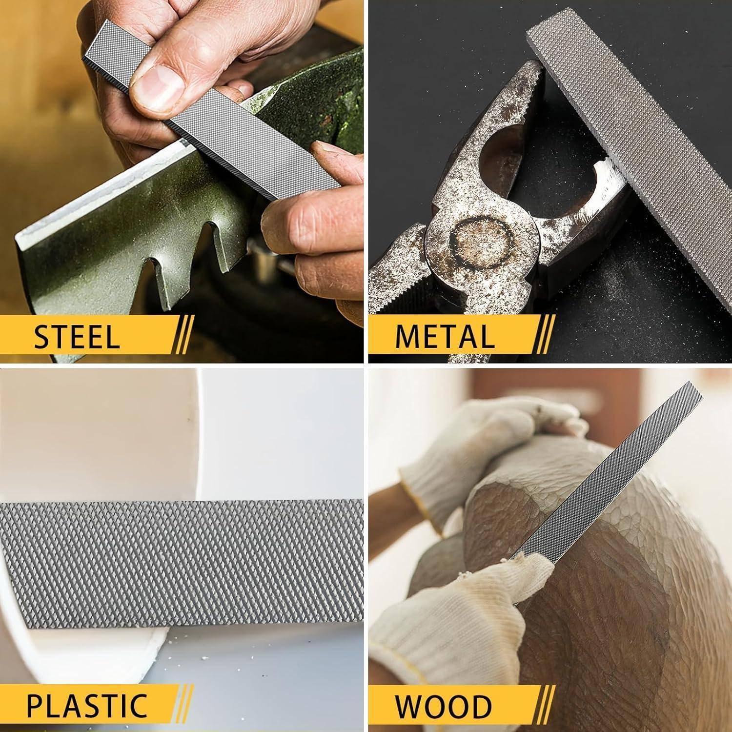 Eine Collage, die Hände zeigt, die ein Feile-Werkzeug auf vier verschiedenen Materialien verwenden: 'Stahl', 'Metall', 'Kunststoff' und 'Holz', wobei jedes Material beschriftet ist.