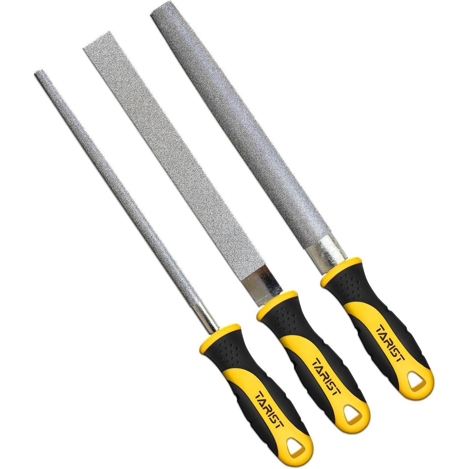 Drei Metallfeilen mit schwarz-gelben Griffen, beschriftet mit 'TARIST'. Unterschiedliche Formen umfassen eine runde, eine halbrunde und eine flache Feile.
