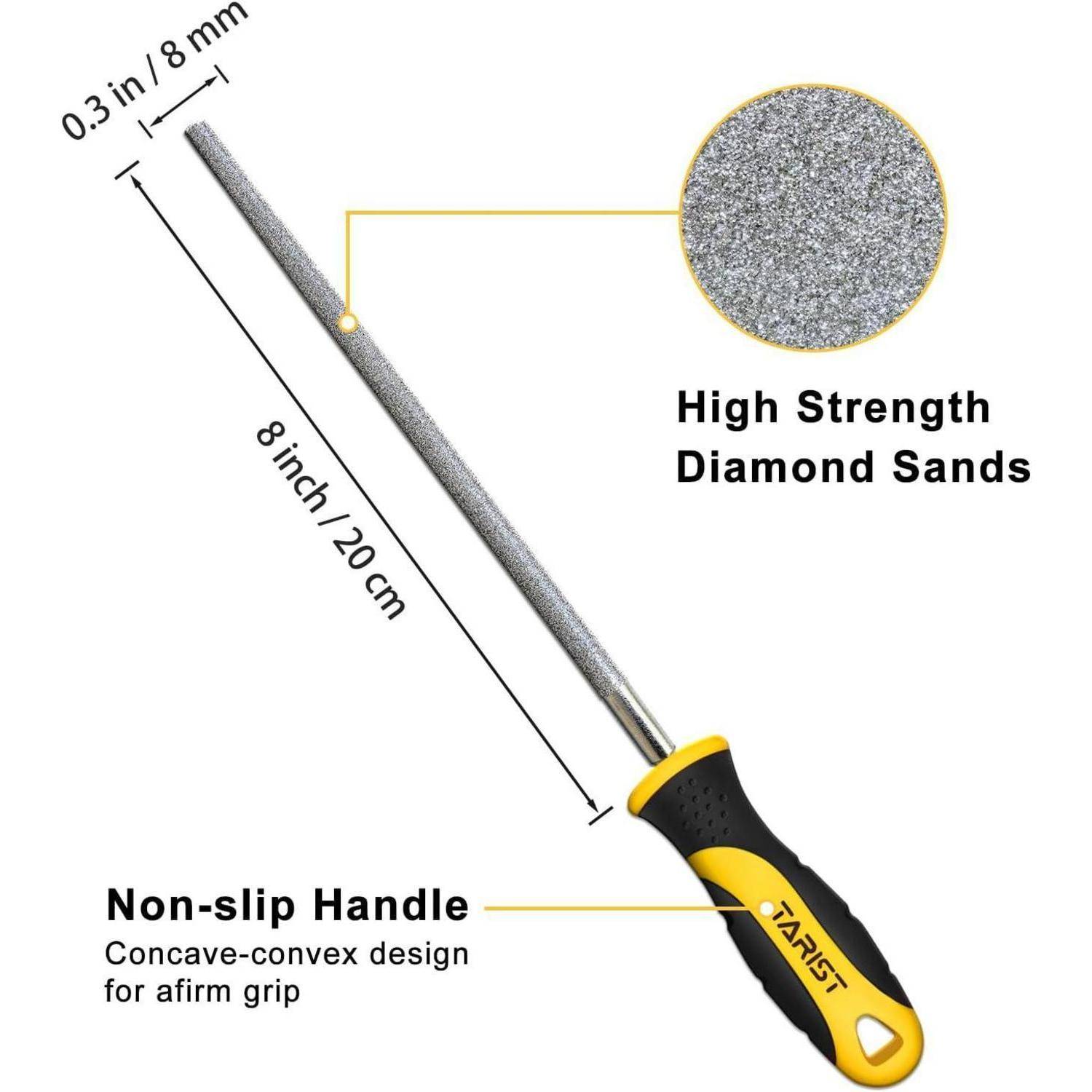 Rundschlifffeile mit Abmessungen: 8 Zoll Länge, 0,3 Zoll Durchmesser. Ausgestattet mit rutschfestem Griff und hochfesten Diamantschleifkörnern für präzise Bearbeitung.