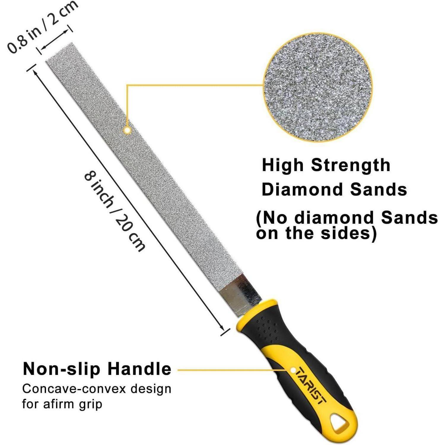 Diamantfeile mit einer Größe von 8 x 0,8 Zoll, ausgestattet mit einem rutschfesten Griff und hochfesten Diamantsanden. Mit konkav-konvexem Design für einen festen Halt.