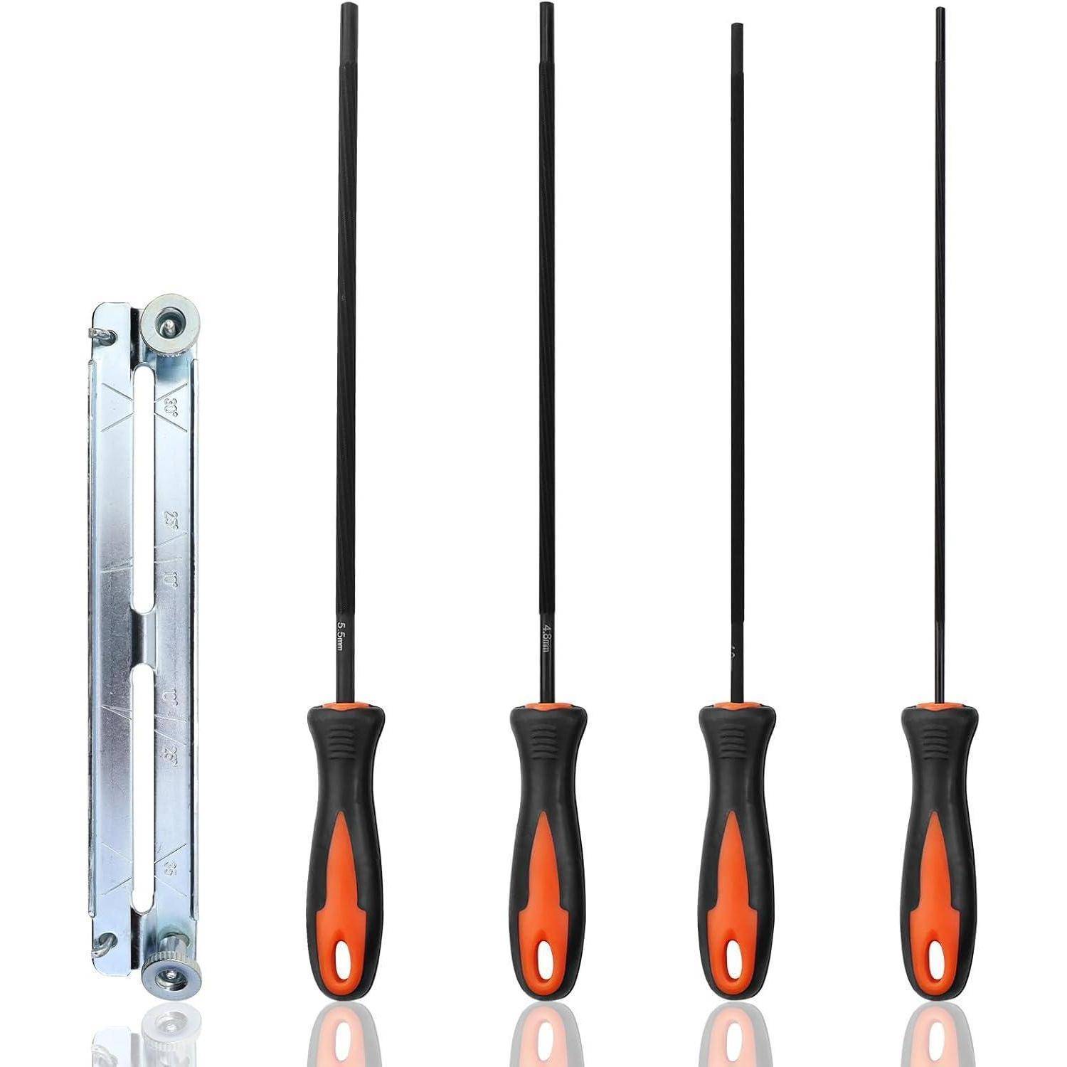 Ein Satz von vier Drehmomentschlüsseln in Orange und Schwarz mit unterschiedlichen Längen, die neben einem silbernen Werkzeug liegen, wahrscheinlich für automotive oder mechanische Zwecke.