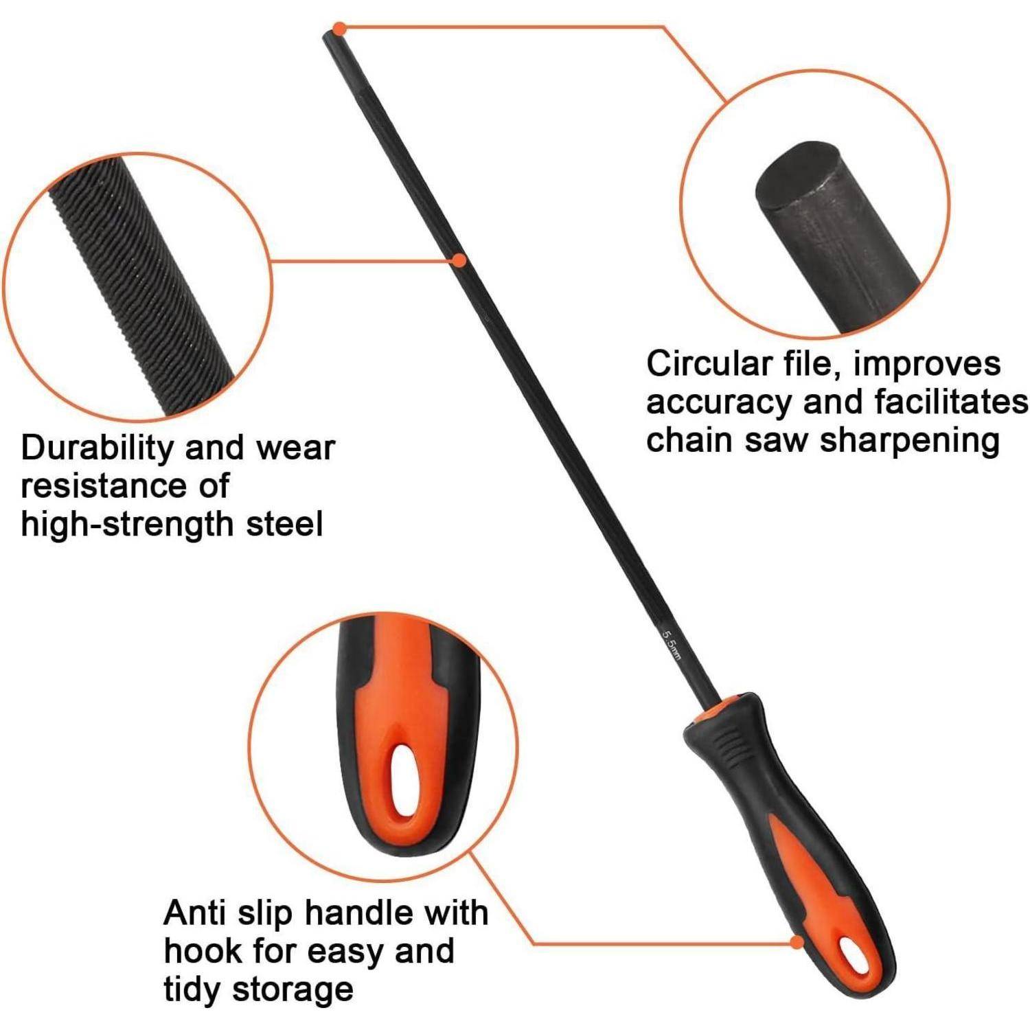 Eine Rundfeile mit einer Welle aus hochfestem Stahl zum Schärfen von Kettensägen, ausgestattet mit einem rutschfesten Griff und einem Haken zur Aufbewahrung.