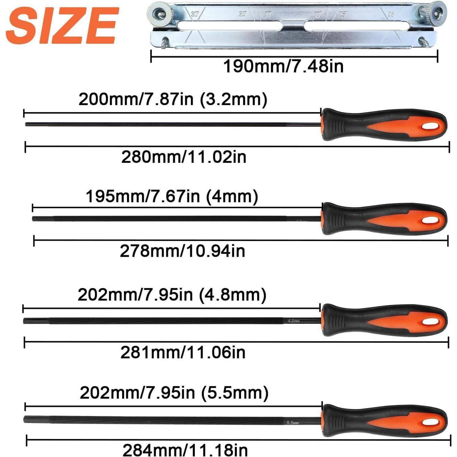 Eine Abbildung, die ein Größendiagramm für ein Metallfeilen-Werkzeug und drei Griffe zeigt. Die Längen sind in Zoll und Millimetern mit unterschiedlichen Breiten angegeben.