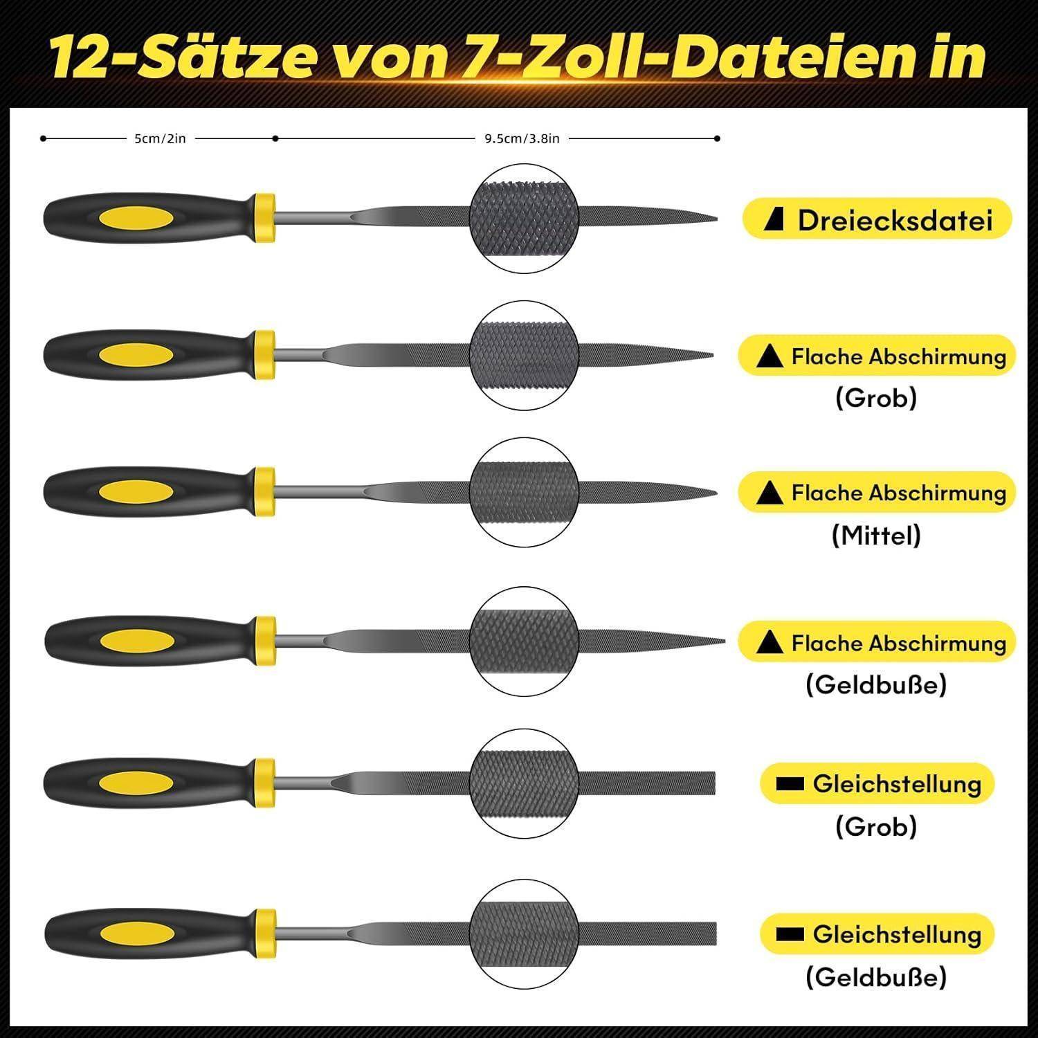Satz von 12 Feilen mit 7 Zoll Länge in verschiedenen Formen und Körnungen, einschließlich Dreiecksfeile, flache Schutzschild-Feilen (grob, mittel, fein), Ausgleichsfeilen (rund, grob, mittel).