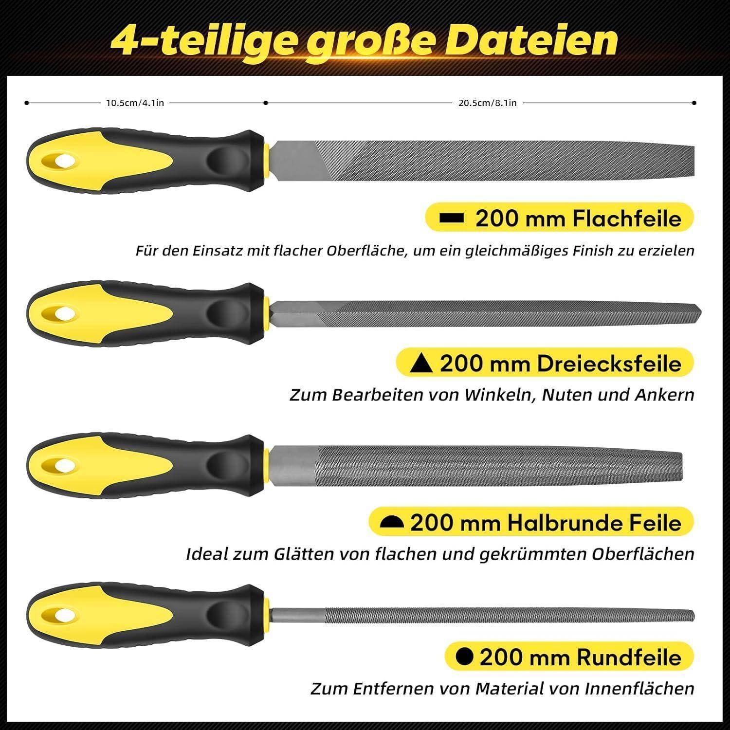 Satz von vier 200-mm-Feilen mit gelb-schwarzen Griffen: flach, dreieckig, halbrund und rund. Jede mit spezifischen Anwendungen beschriftet.