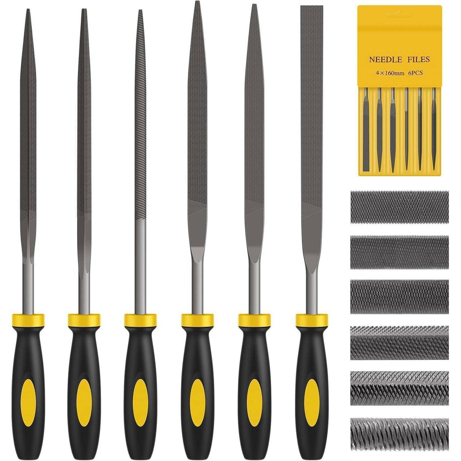 Ein Satz von sechs Nadelfeilen mit gelben und schwarzen Griffen, vertikal angeordnet. Jede Feile hat eine andere Form und Textur für verschiedene Anwendungen.