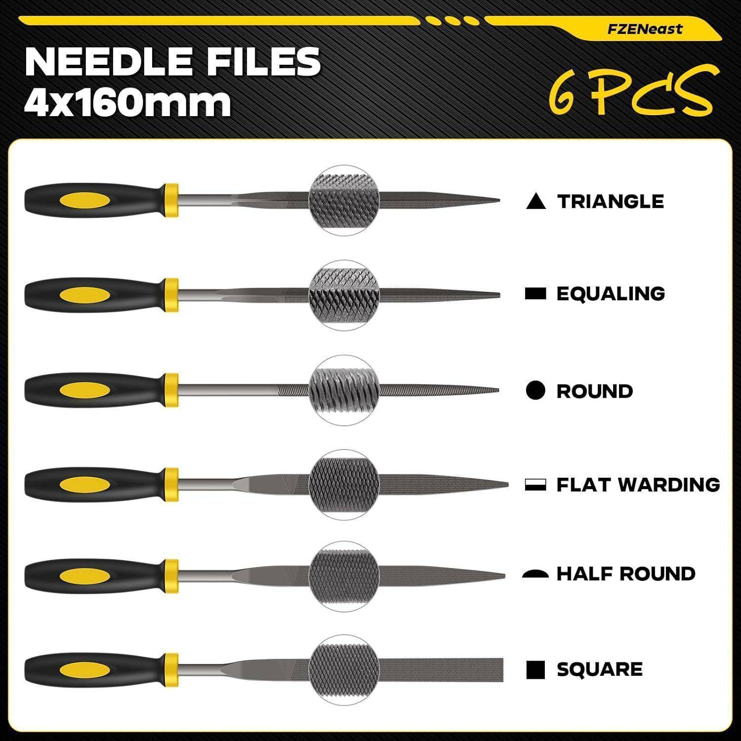 Nadelfeilen-Set 4x160mm, 6-teilig mit verschiedenen Formen: Dreieck-, Flach-, Rund-, Flachschlüssel-, Halbrund- und Quadratfeile.