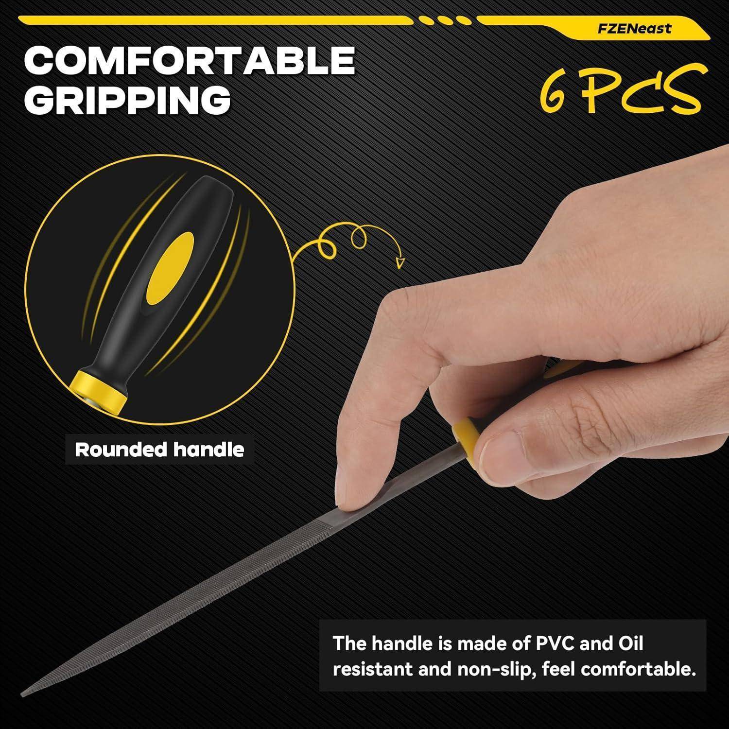 Eine Hand hält ein Werkzeug mit abgerundeter Grifflage und demonstriert einen 'Komfortablen Griff'. Text besagt: 'Der Griff ist aus PVC hergestellt, öl- und rutschfest und bietet ein komfortables Gefühl.