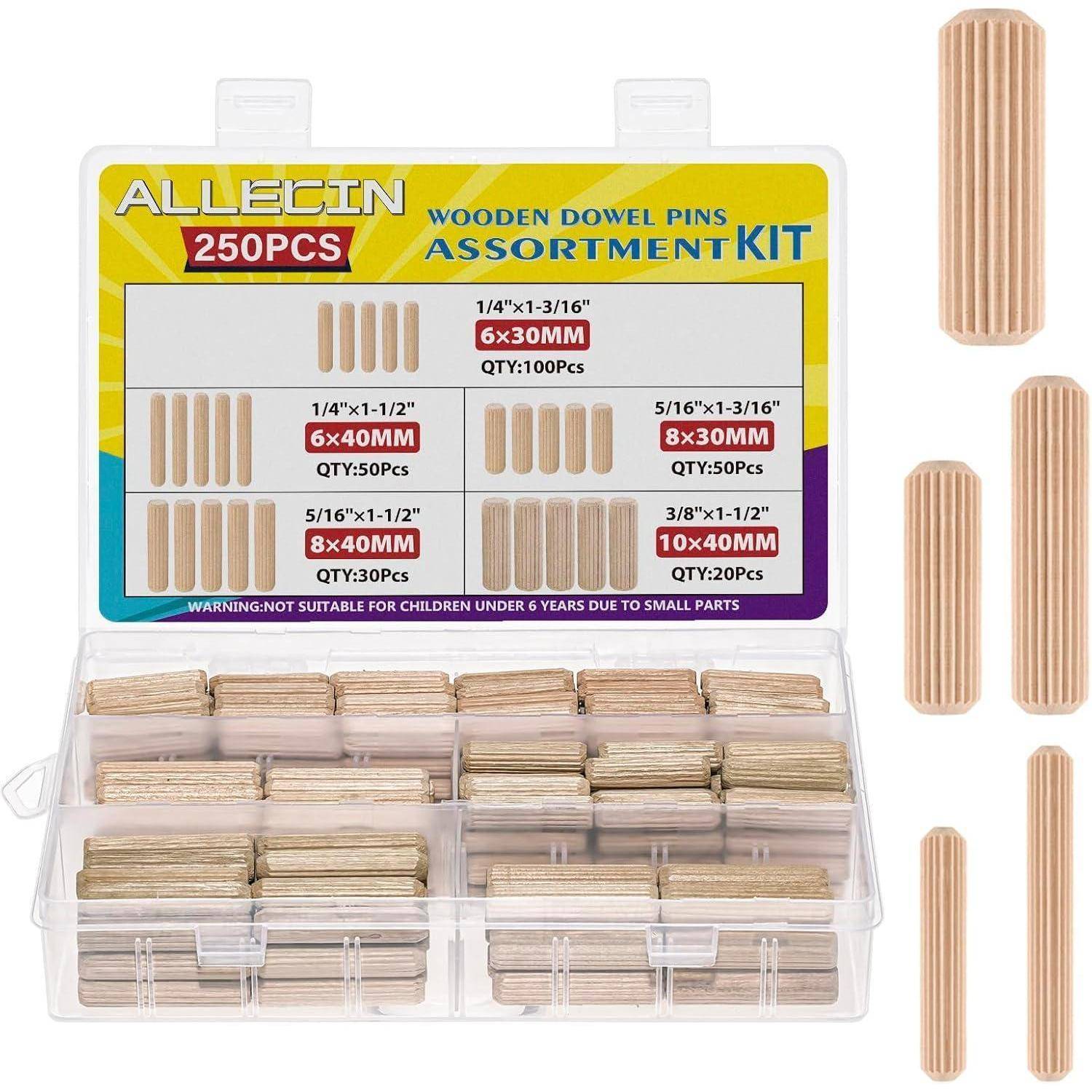 Allecin Holzdübel-Pins Sortimentsset, 250 Stück; Bild zeigt beschriftete Dübel-Größen: 6x30mm, 8x30mm, 15x40mm, 10x40mm