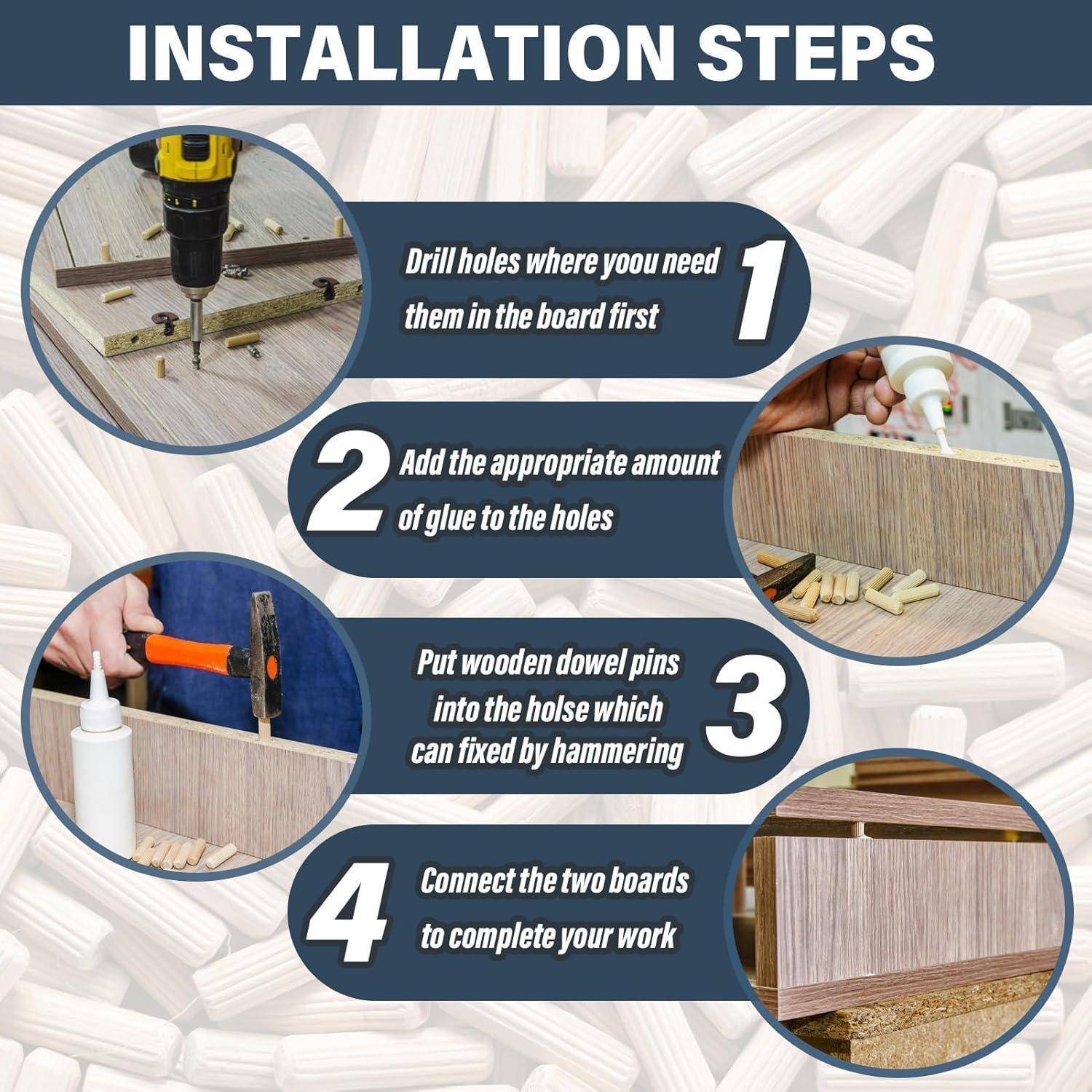 Installationsschritte' Infografik: 1. Löcher in die Holzplatte bohren. 2. Kleber hinzufügen. 3. Dübelstifte einsetzen. 4. Bretter verbinden.