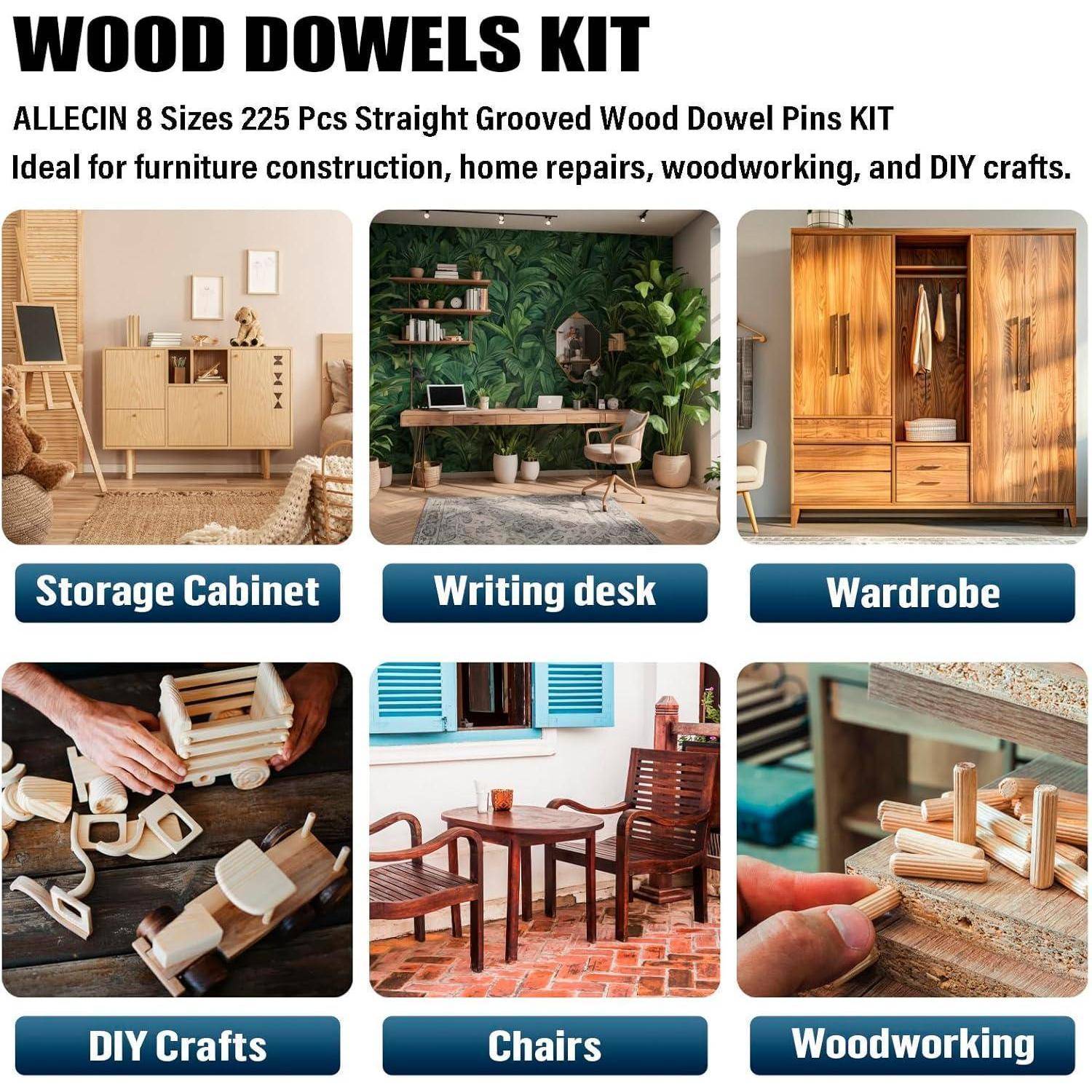 Holzdübel-Set mit 225 Stück für verschiedene DIY-Anwendungen, wie Aufbewahrungsschränke, Schreibtische, Kleiderschränke, Bastelprojekte, Stühle und Holzarbeiten.