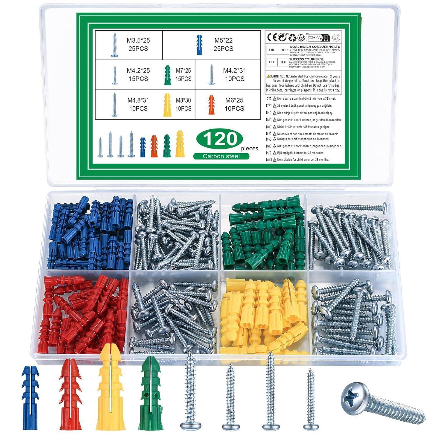 Sortiment von Schrauben und Dübeln in einer Kunststoff-Aufbewahrungsbox. Enthält blaue, rote, gelbe und grüne Dübel mit passenden Schrauben.