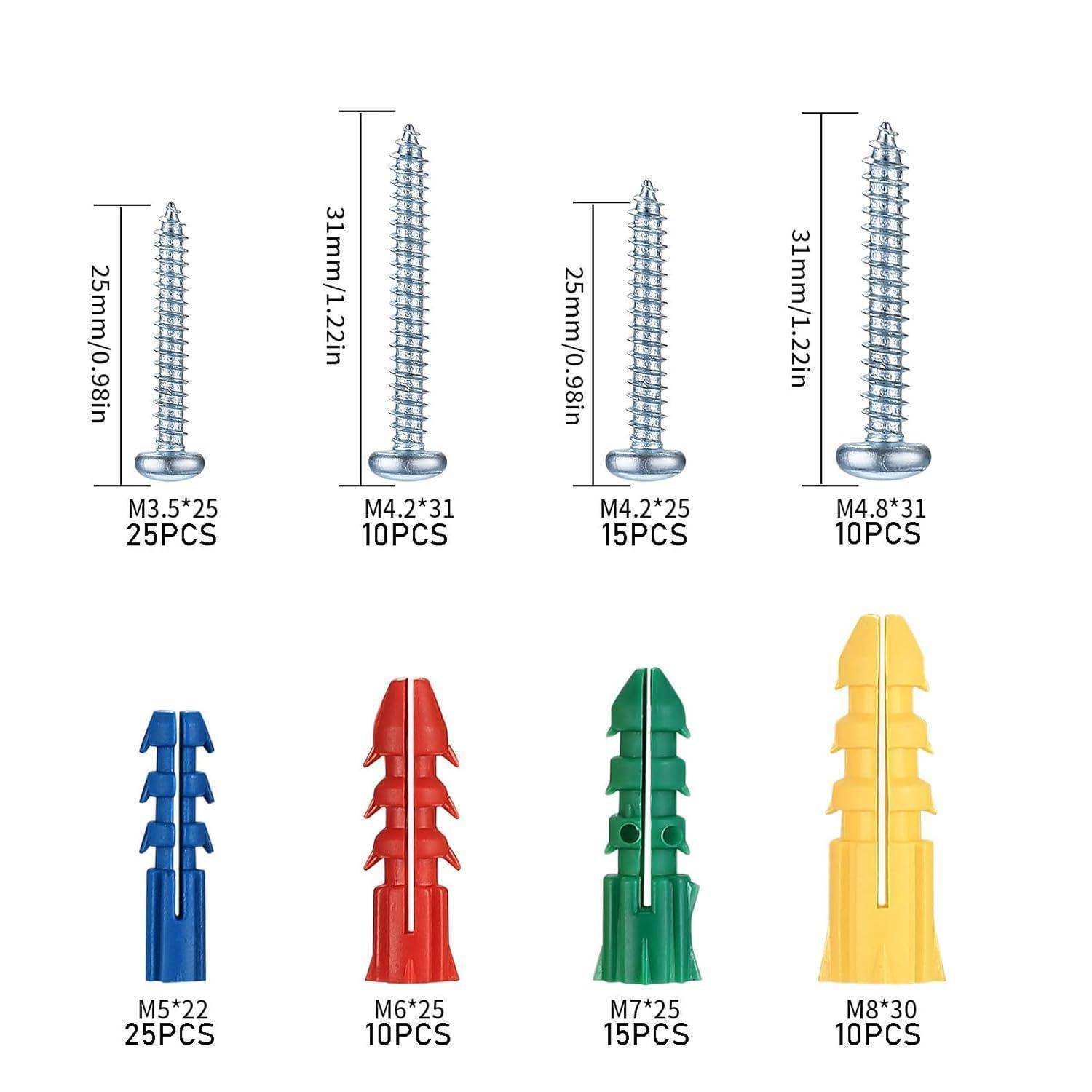 Sechs Schrauben mit unterschiedlichen Längen und Durchmessern, gekennzeichnet von 'M3,5*25 25 Stück' bis 'M4,8*31 10 Stück', und vier Dübel in blau, rot, grün und gelb.