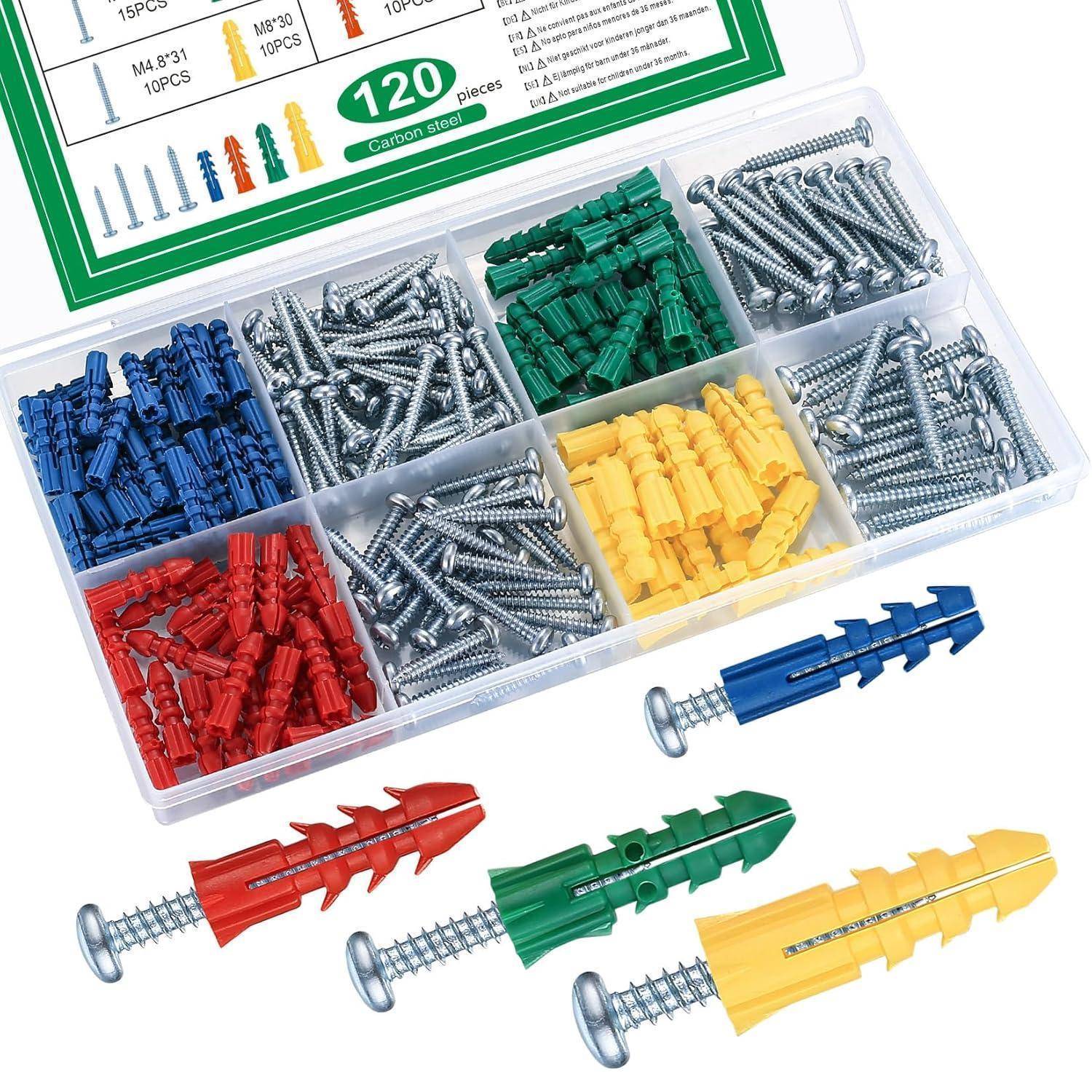 Eine Plastikbox mit sortierten farbigen Dübeln und Schrauben, darunter rote, blaue, grüne, gelbe und ungefärbte Schrauben, insgesamt 120 Stück.
