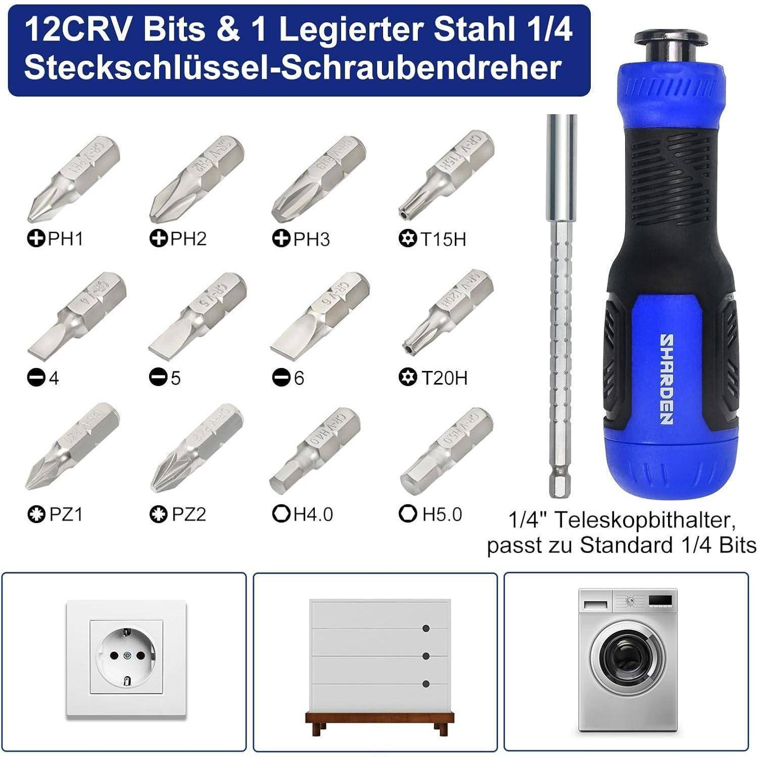 12CRV Bits & 1 Legierungsstahl 1/4 Steckschlüssel-Schraubendreher mit verschiedenen Bits, gekennzeichnet von PH1 bis T20H, und einem Handgriff. Geeignet für 1/4 Standardschrauben.