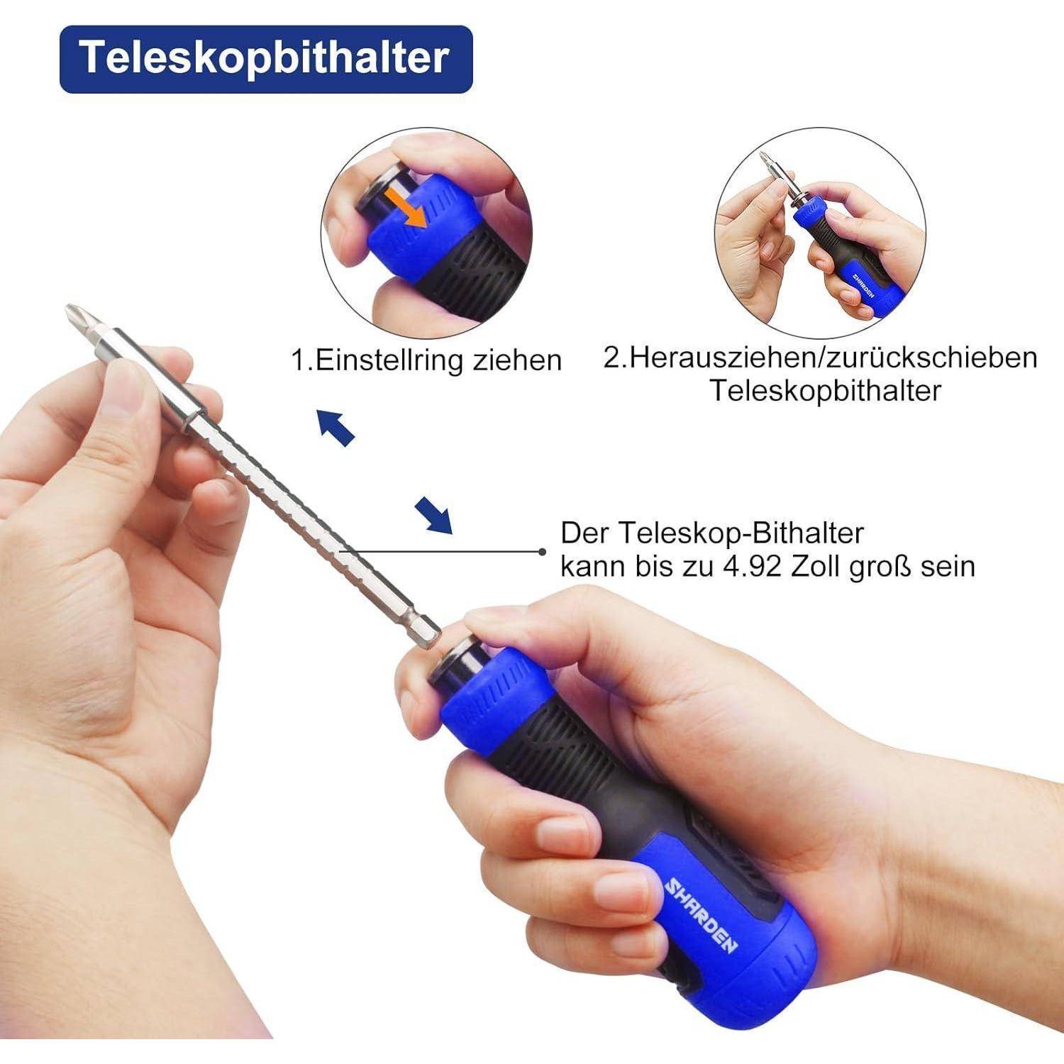 Hände demonstrieren die Verwendung eines teleskopischen Bithalters mit Textanweisungen. Der Halter kann bis zu 12,5 cm ausgefahren werden.