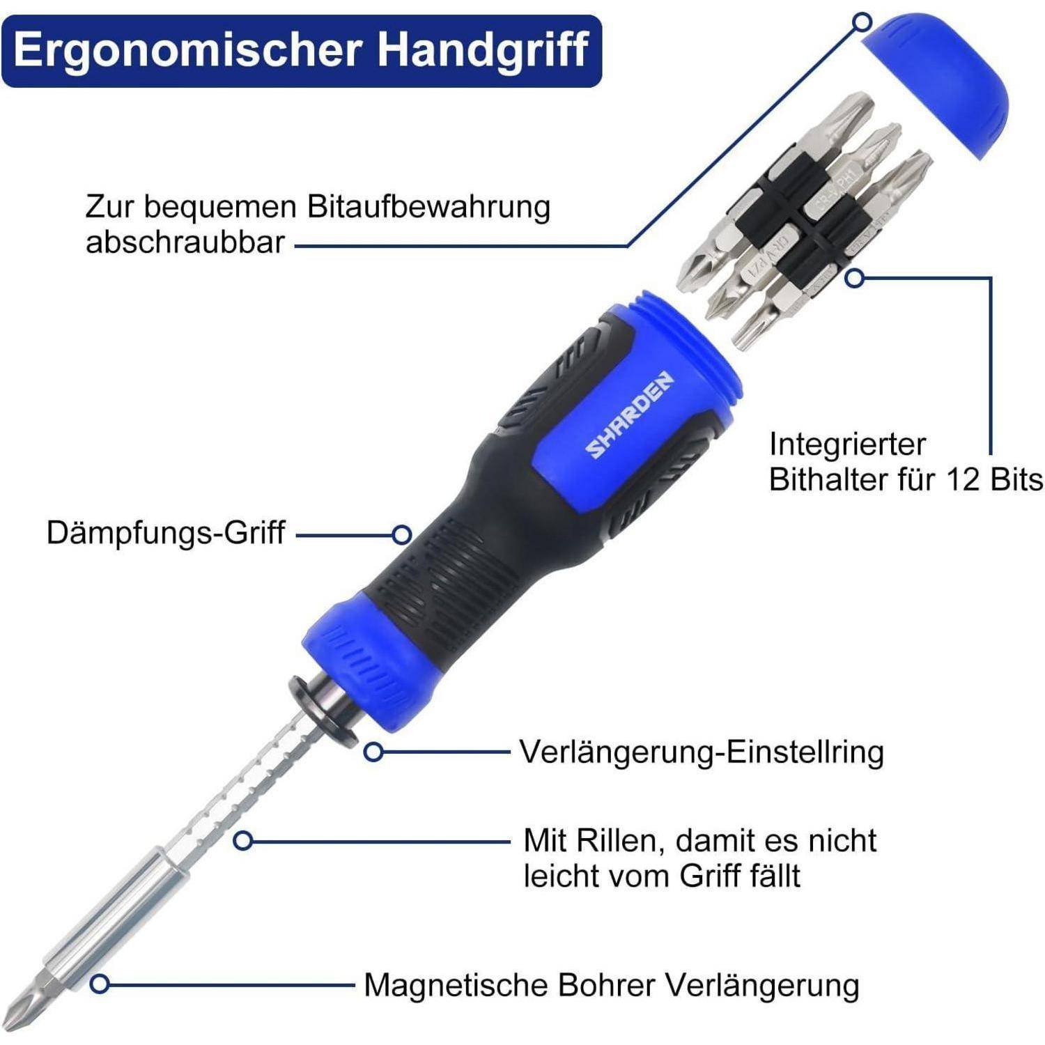 Ein detaillierter Schraubendreher mit verschiedenen Aufsätzen zeigt Funktionen, die auf Deutsch beschriftet sind und einen ergonomischen Griff, eine magnetische Verlängerung und einen 12-Bit-Halter hervorheben.