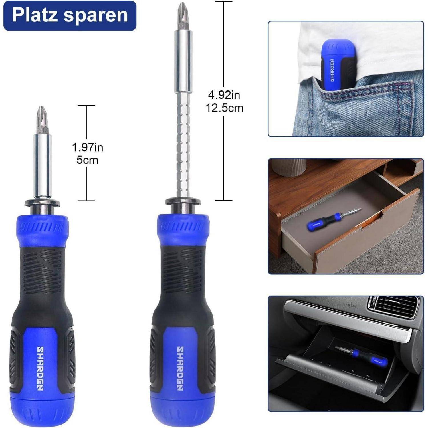 Ein multifunktionaler Schraubendreher mit abnehmbarem Griff zeigt seine Abmessungen. Er passt in eine Tasche und Schublade und unterstreicht damit sein platzsparendes Design.