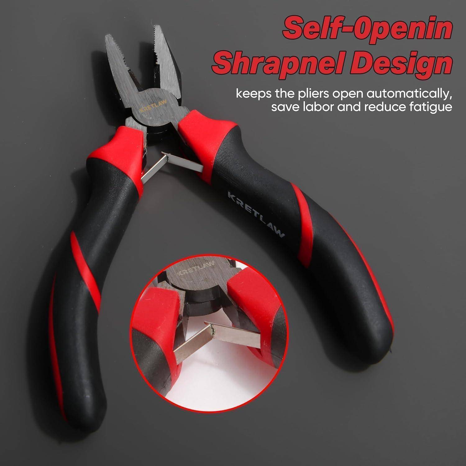 Zange mit schwarzen und roten Griffen, ausgestattet mit einem 'Selbstöffnenden Splitterdesign', das sie automatisch offen hält, um Ermüdung zu reduzieren.