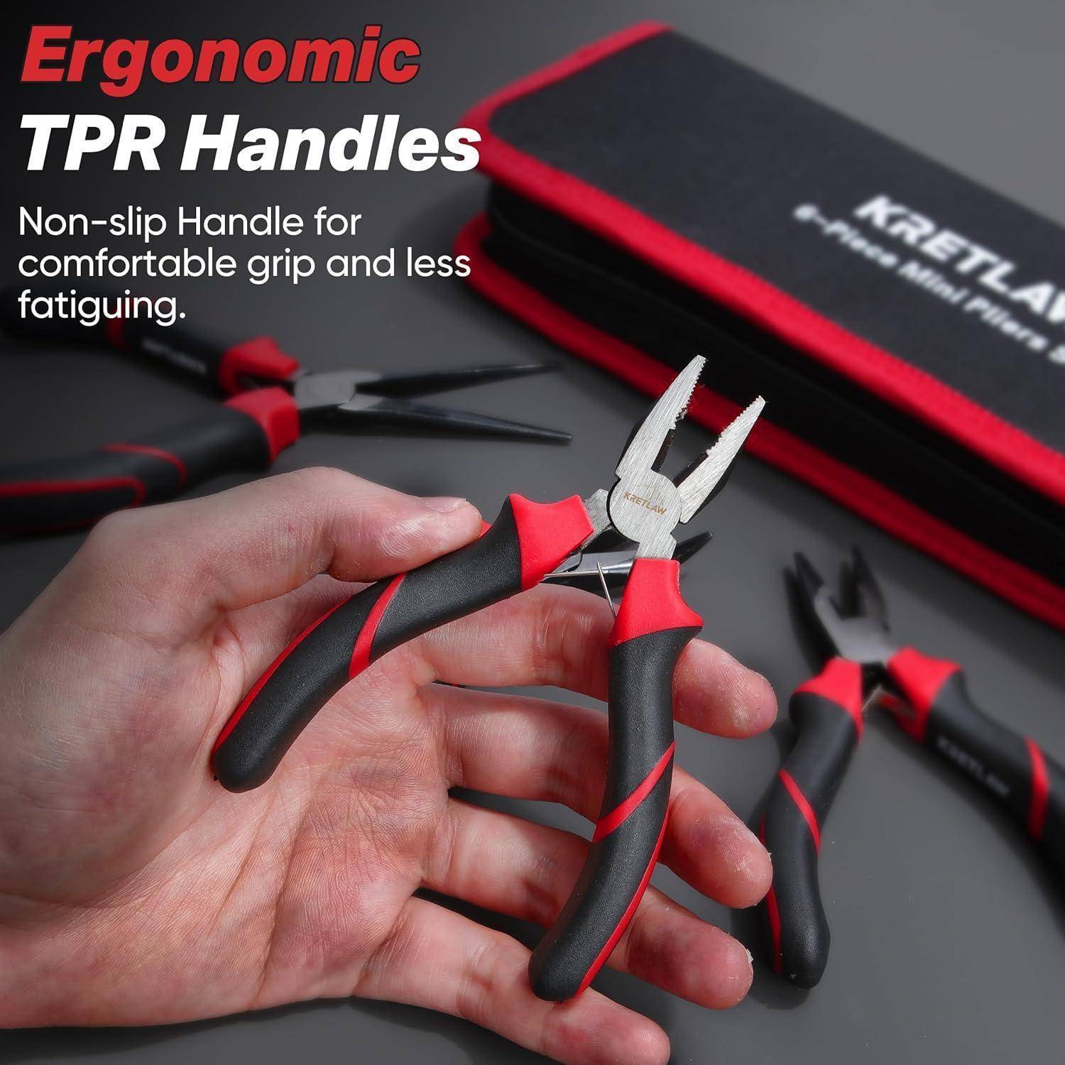 Eine Hand, die ergonomische Zangen mit TPR-Griffen für Komfort und Halt hält. Text: Ergonomische TPR-Griffe; Rutschfester Griff für bequemen Halt und weniger Ermüdung.