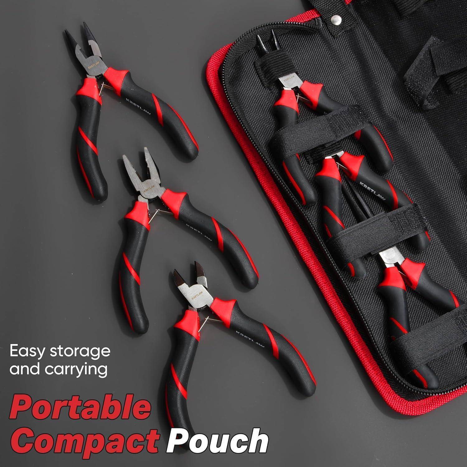 Ein Set aus vier roten und schwarzen Handwerkzeugen mit ergonomischen Griffen, die in einer schwarzen und roten tragbaren Tasche aufbewahrt werden. Text: Einfache Aufbewahrung und Transport. Tragbare kompakte Tasche.