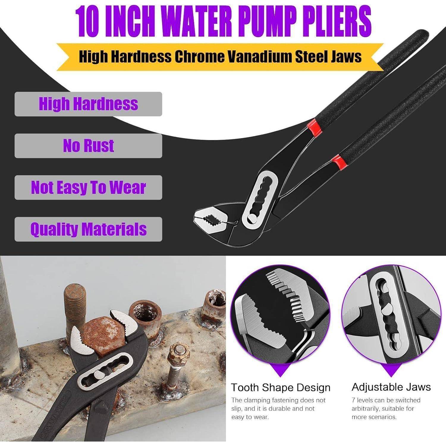 10-Zoll-Wasserpumpenzange mit Präzisionskiefer aus hochfestem Chrom-Vanadium-Stahl; Merkmale umfassen ein gezahntes Design und verstellbare Backen.