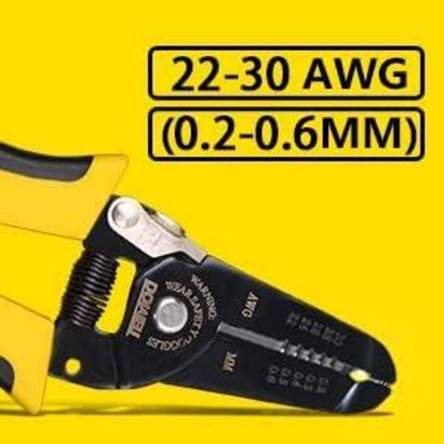 Abisolierwerkzeug für 22-30 AWG (0,2-0,6 mm) Kabel, gezeigt auf gelbem Hintergrund. Schwarzer Kopf mit Maßmarkierungen und gelber Griff.